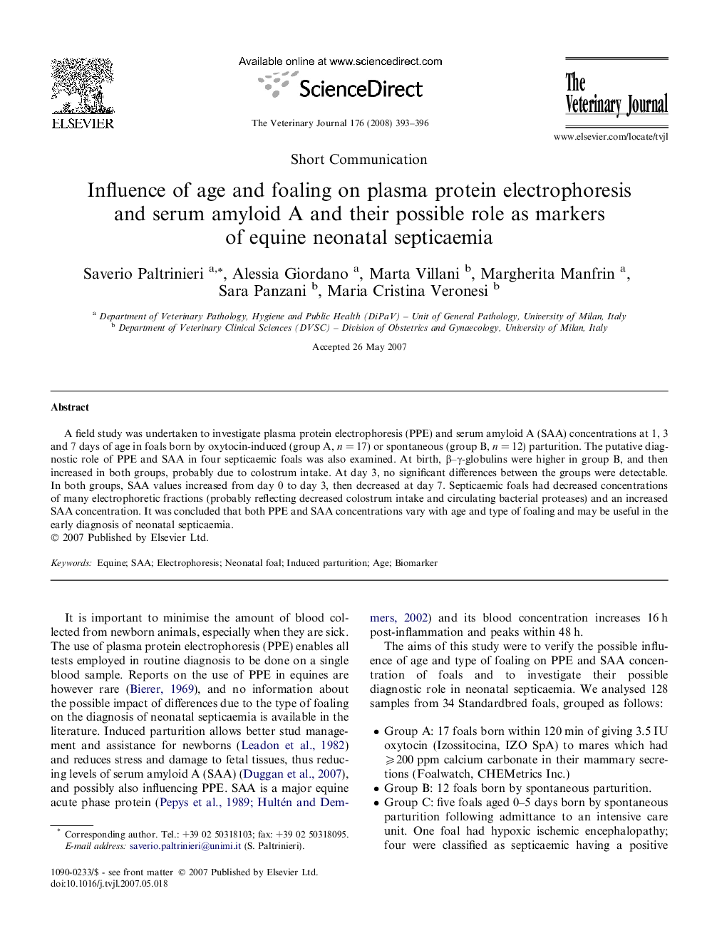 Influence of age and foaling on plasma protein electrophoresis and serum amyloid A and their possible role as markers of equine neonatal septicaemia