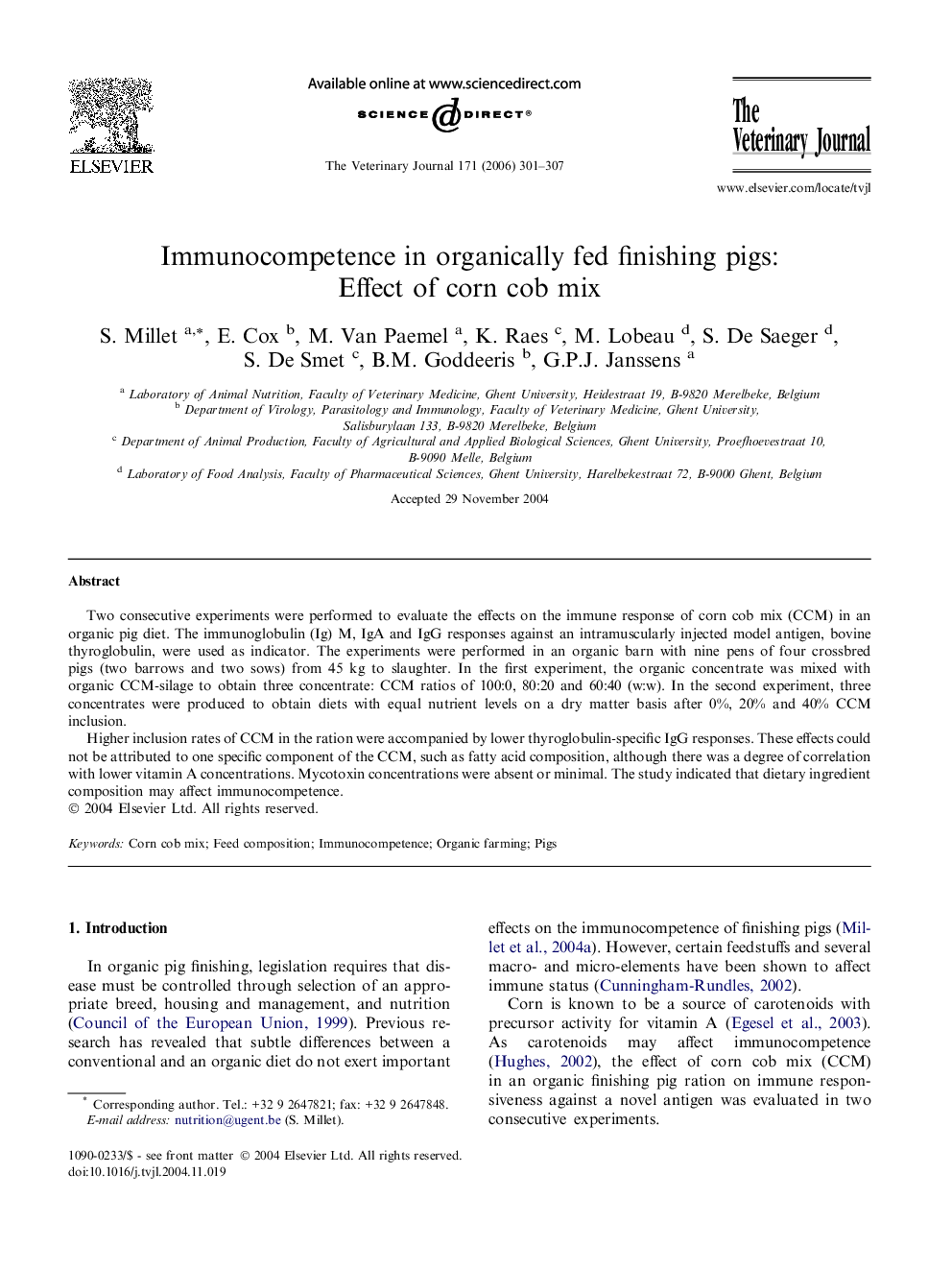 Immunocompetence in organically fed finishing pigs: Effect of corn cob mix