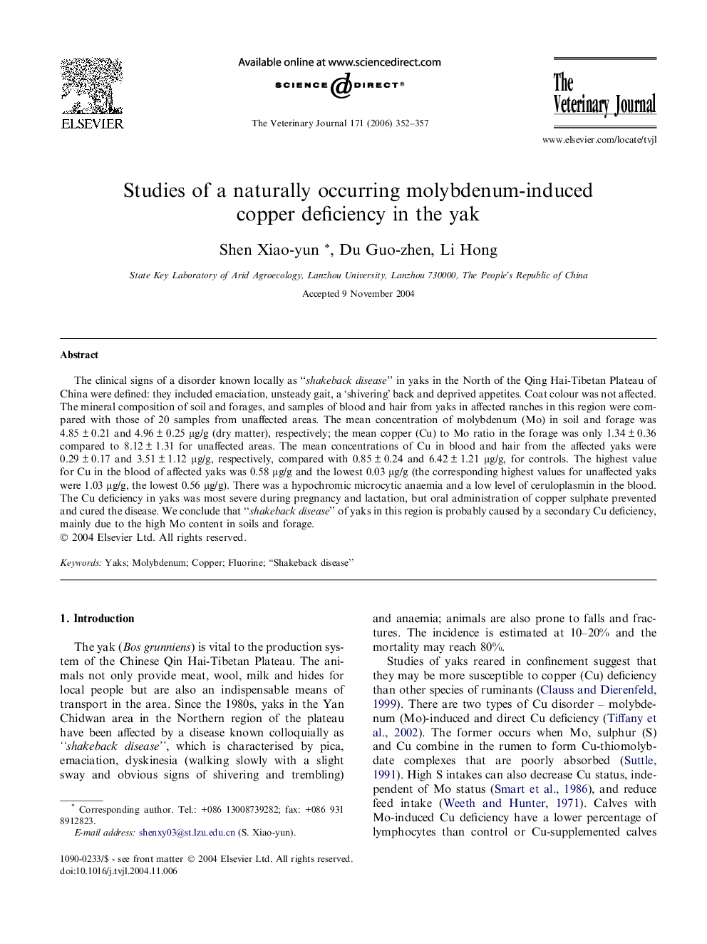 Studies of a naturally occurring molybdenum-induced copper deficiency in the yak