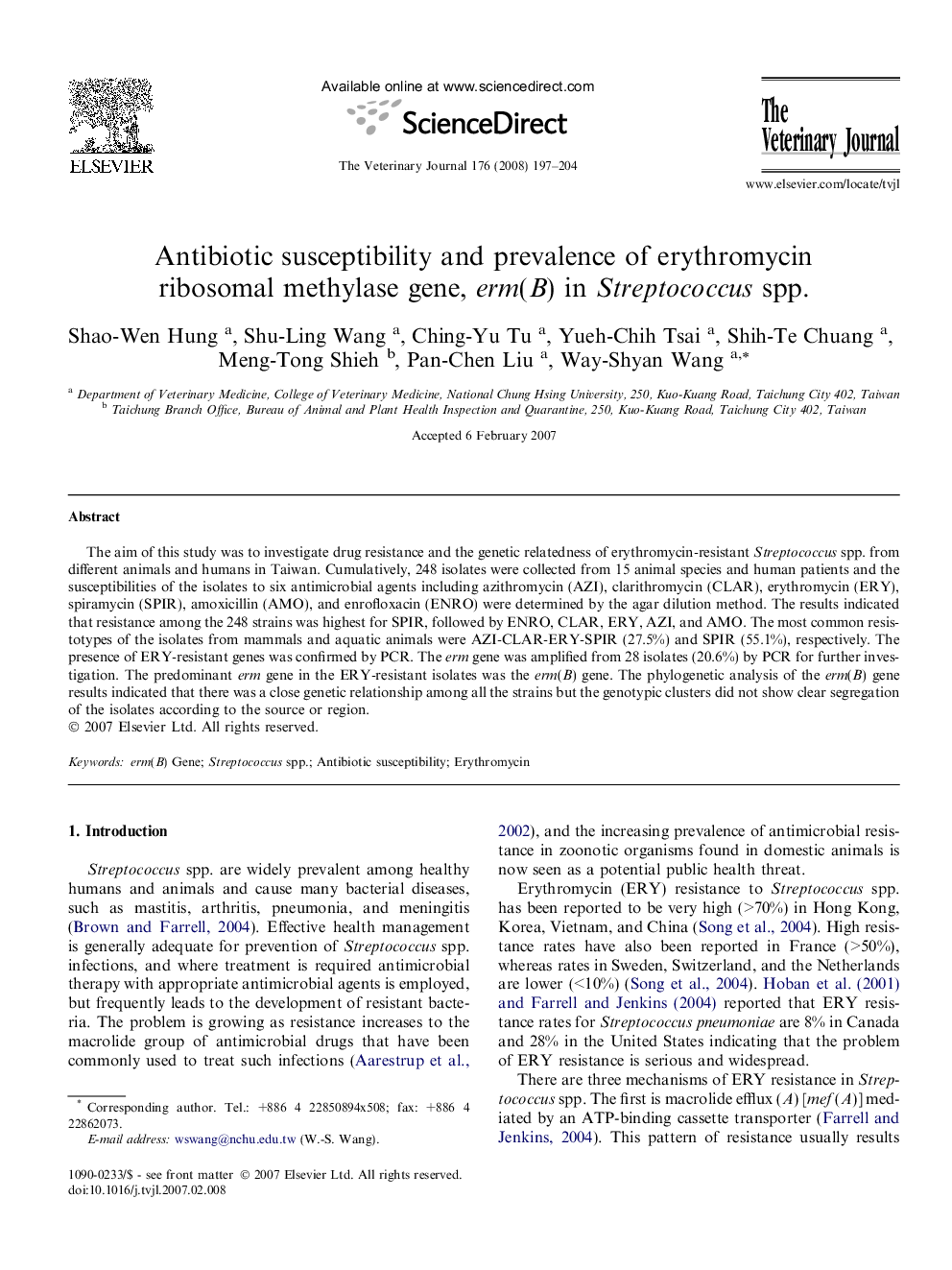 Antibiotic susceptibility and prevalence of erythromycin ribosomal methylase gene, erm(B) in Streptococcus spp.