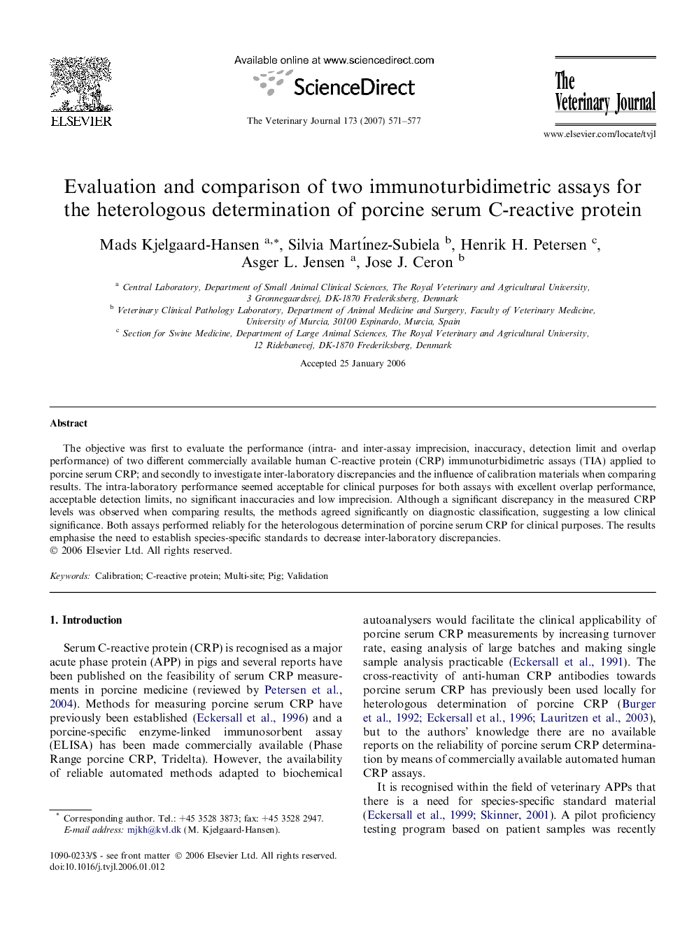 Evaluation and comparison of two immunoturbidimetric assays for the heterologous determination of porcine serum C-reactive protein