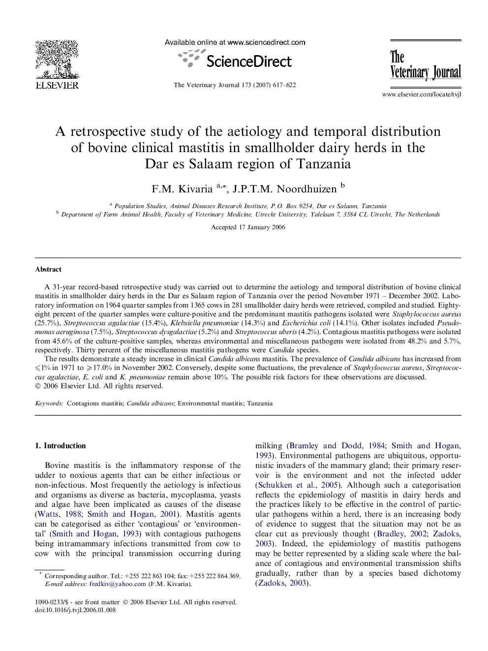 A retrospective study of the aetiology and temporal distribution of bovine clinical mastitis in smallholder dairy herds in the Dar es Salaam region of Tanzania