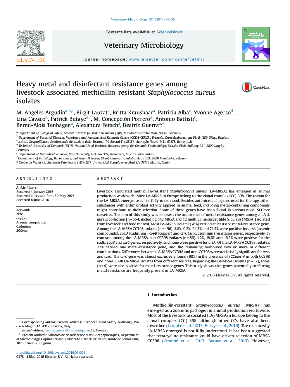 Heavy metal and disinfectant resistance genes among livestock-associated methicillin-resistant Staphylococcus aureus isolates