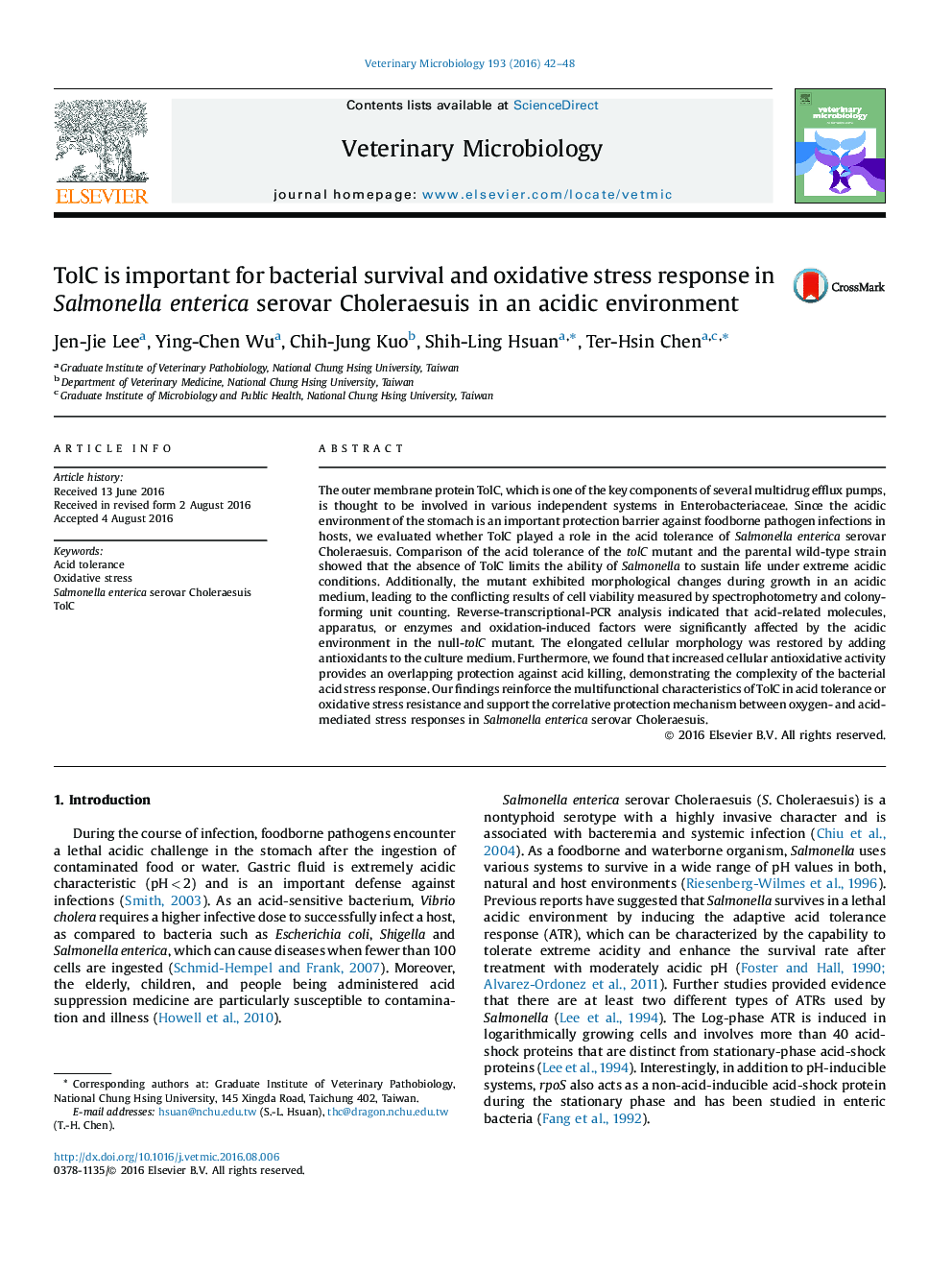 TolC is important for bacterial survival and oxidative stress response in Salmonella enterica serovar Choleraesuis in an acidic environment