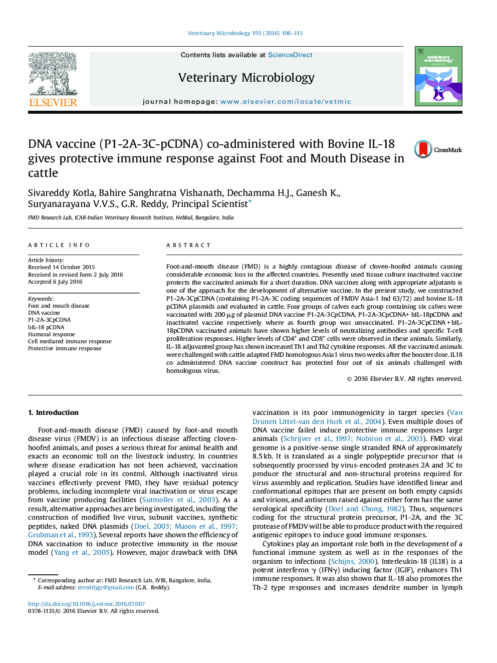 DNA vaccine (P1-2A-3C-pCDNA) co-administered with Bovine IL-18 gives protective immune response against Foot and Mouth Disease in cattle