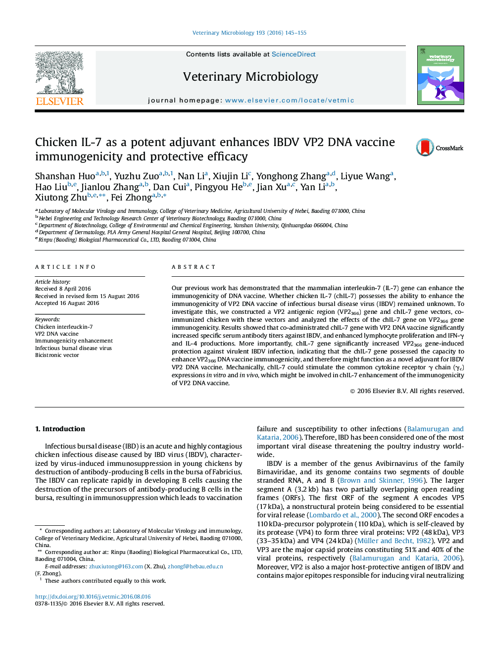 Chicken IL-7 as a potent adjuvant enhances IBDV VP2 DNA vaccine immunogenicity and protective efficacy