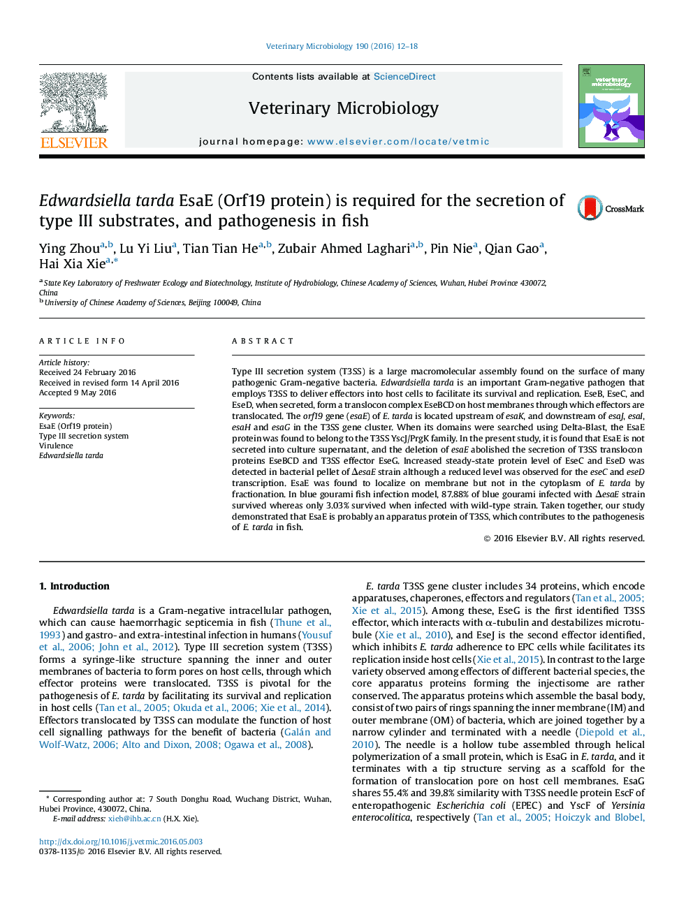 Edwardsiella tarda EsaE (Orf19 protein) is required for the secretion of type III substrates, and pathogenesis in fish