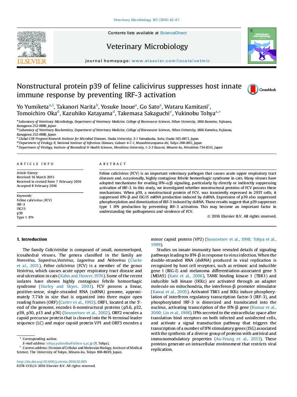 Nonstructural protein p39 of feline calicivirus suppresses host innate immune response by preventing IRF-3 activation