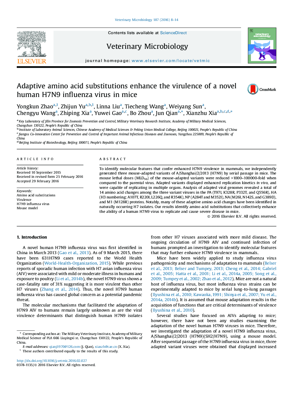 Adaptive amino acid substitutions enhance the virulence of a novel human H7N9 influenza virus in mice