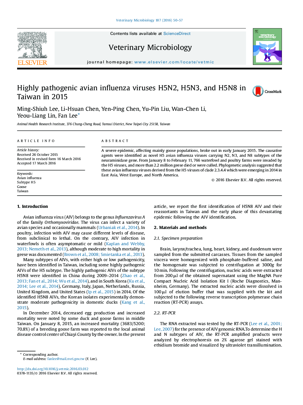 Highly pathogenic avian influenza viruses H5N2, H5N3, and H5N8 in Taiwan in 2015