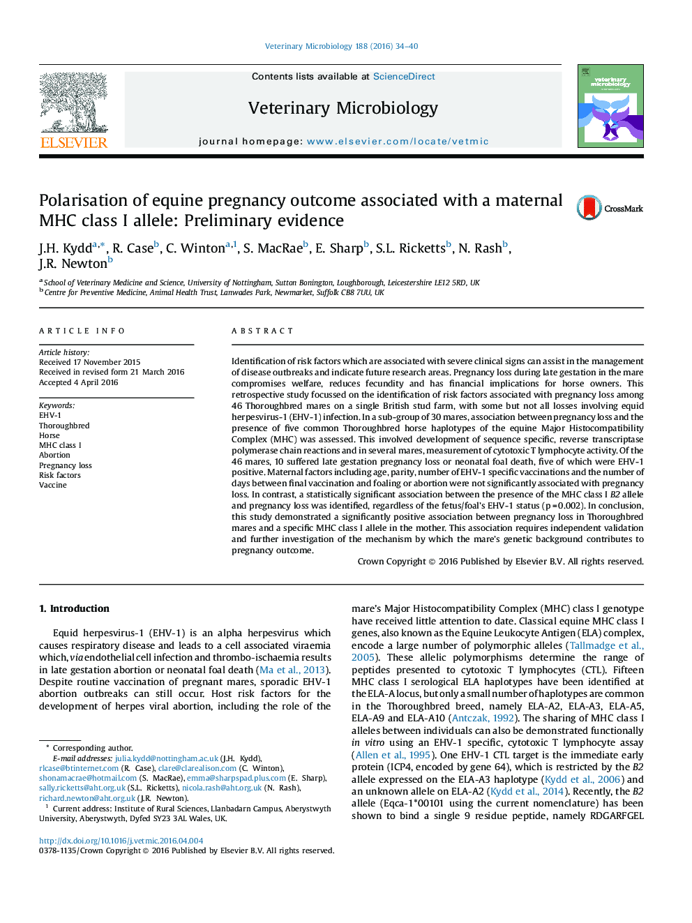 Polarisation of equine pregnancy outcome associated with a maternal MHC class I allele: Preliminary evidence