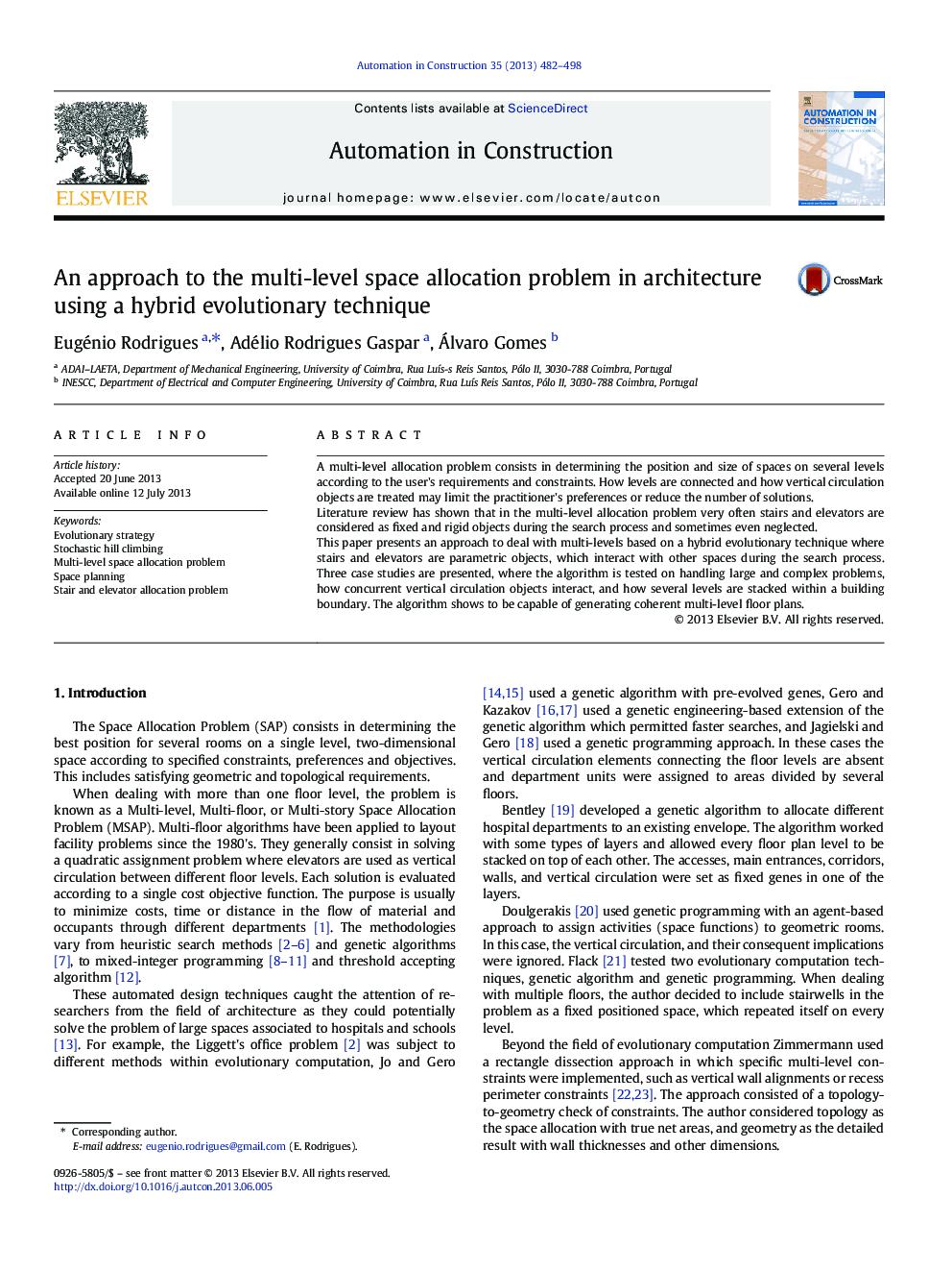 An approach to the multi-level space allocation problem in architecture using a hybrid evolutionary technique