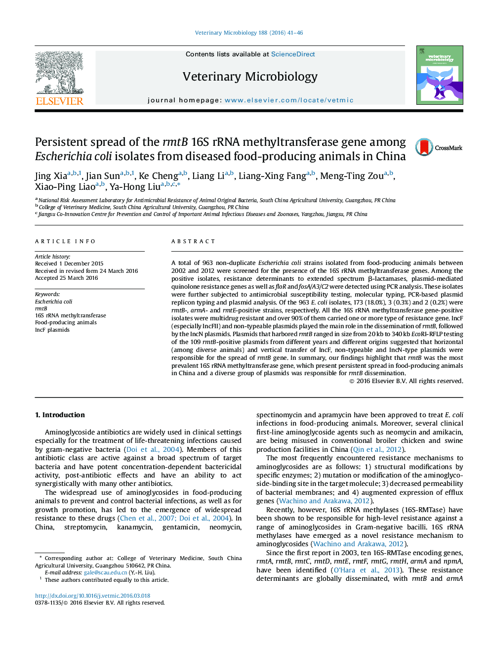 Persistent spread of the rmtB 16S rRNA methyltransferase gene among Escherichia coli isolates from diseased food-producing animals in China