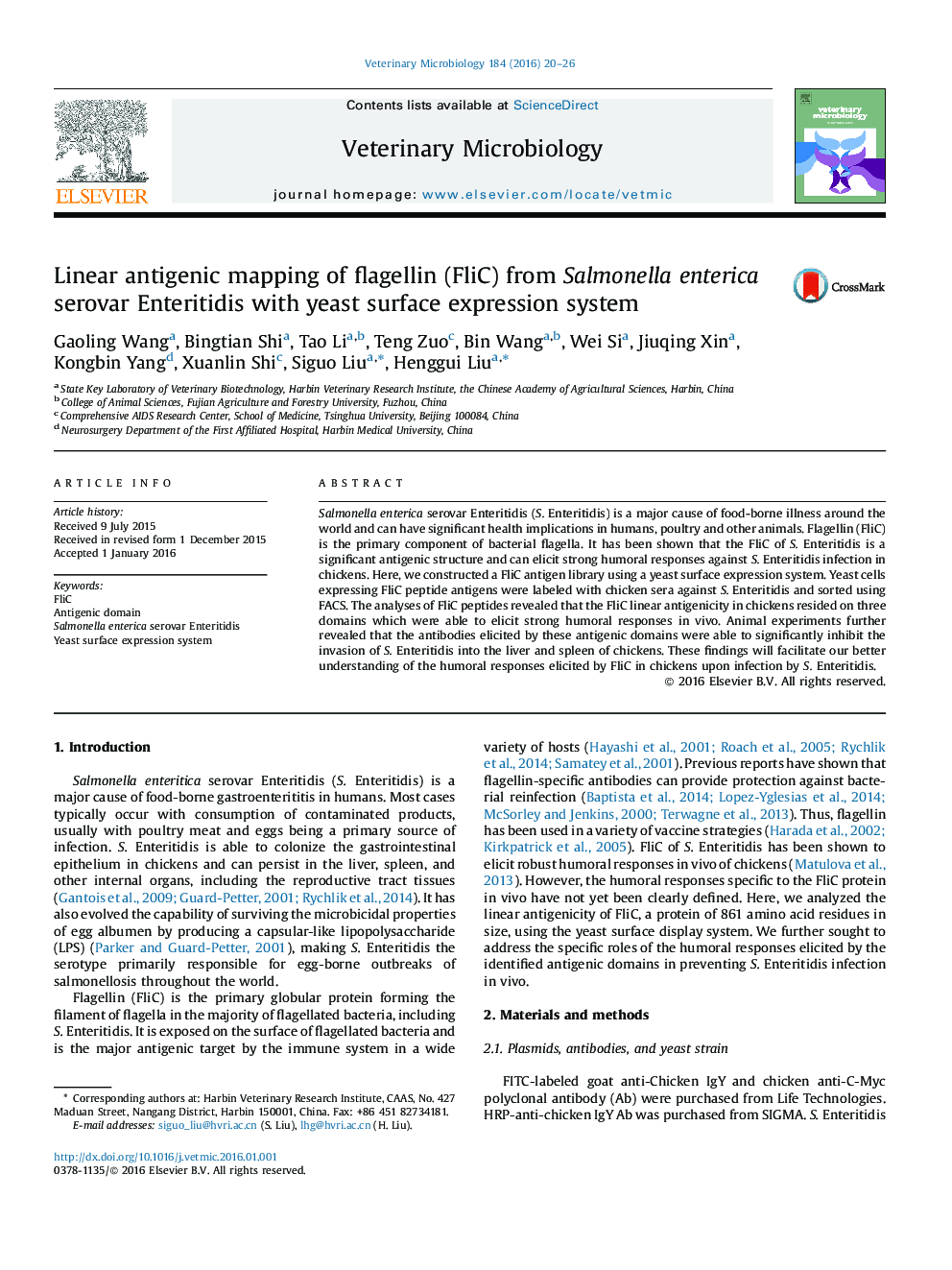 Linear antigenic mapping of flagellin (FliC) from Salmonella enterica serovar Enteritidis with yeast surface expression system