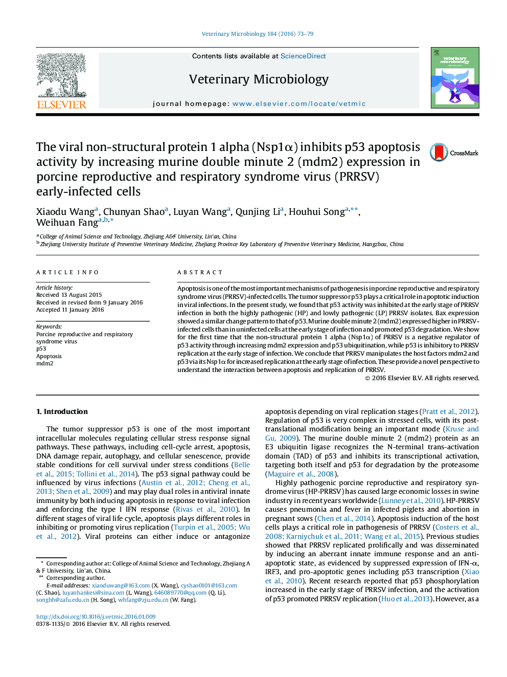 The viral non-structural protein 1 alpha (Nsp1α) inhibits p53 apoptosis activity by increasing murine double minute 2 (mdm2) expression in porcine reproductive and respiratory syndrome virus (PRRSV) early-infected cells