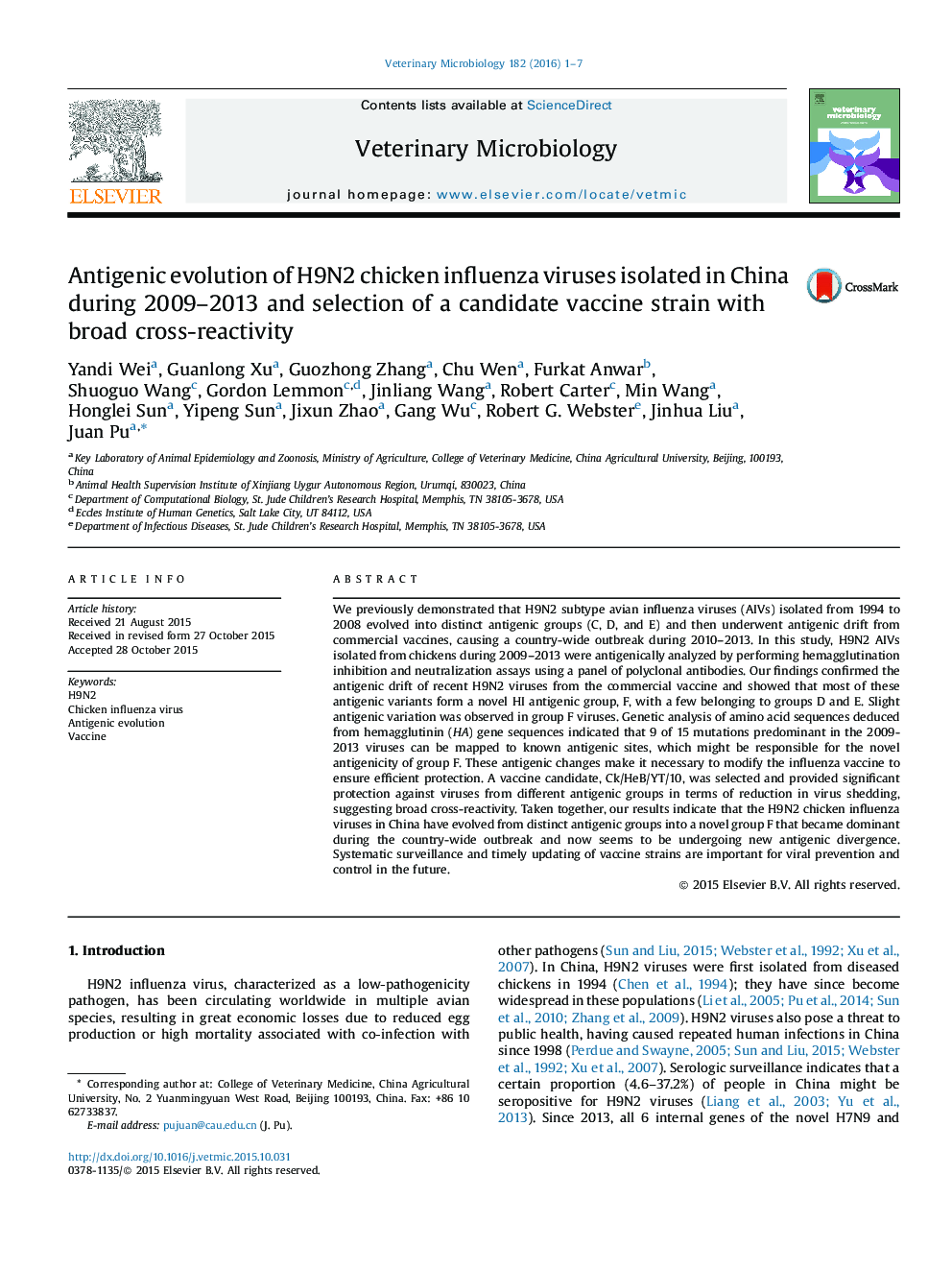 Antigenic evolution of H9N2 chicken influenza viruses isolated in China during 2009–2013 and selection of a candidate vaccine strain with broad cross-reactivity