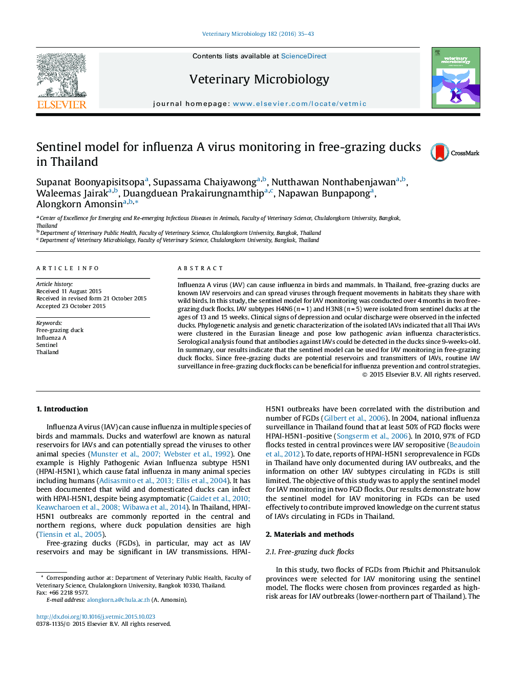 Sentinel model for influenza A virus monitoring in free-grazing ducks in Thailand