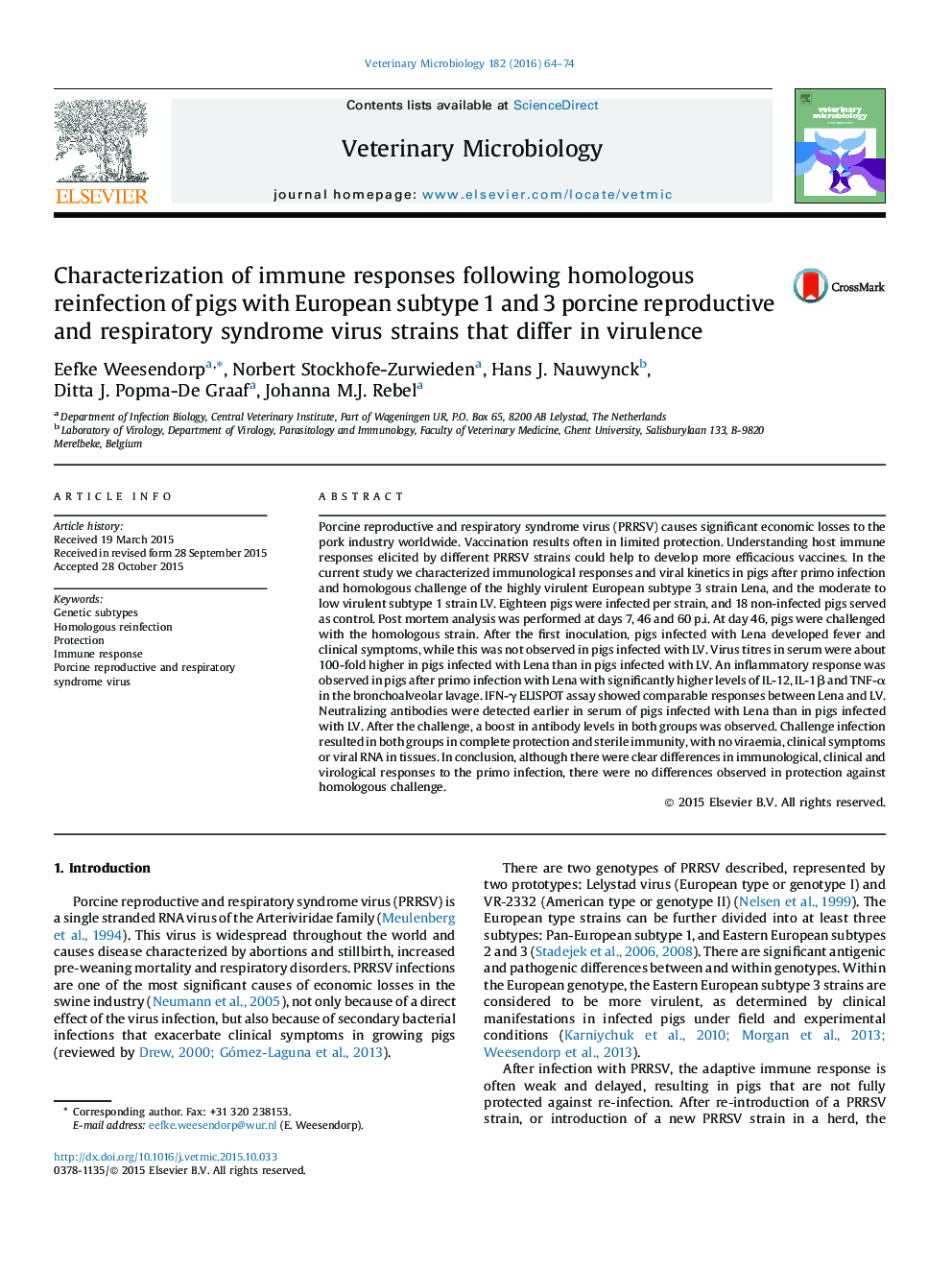 Characterization of immune responses following homologous reinfection of pigs with European subtype 1 and 3 porcine reproductive and respiratory syndrome virus strains that differ in virulence