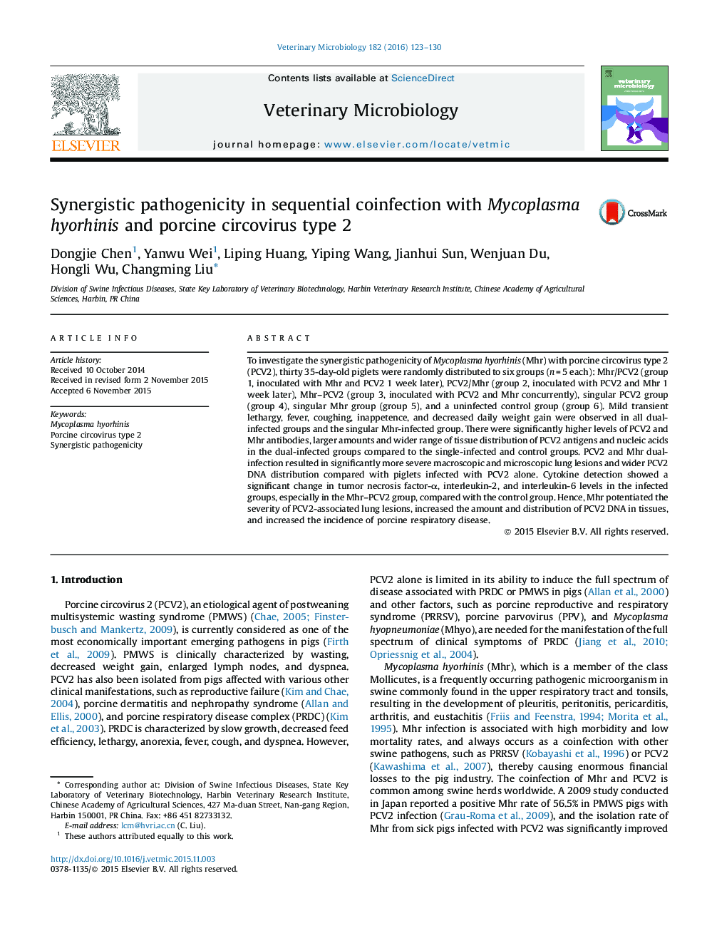 Synergistic pathogenicity in sequential coinfection with Mycoplasma hyorhinis and porcine circovirus type 2