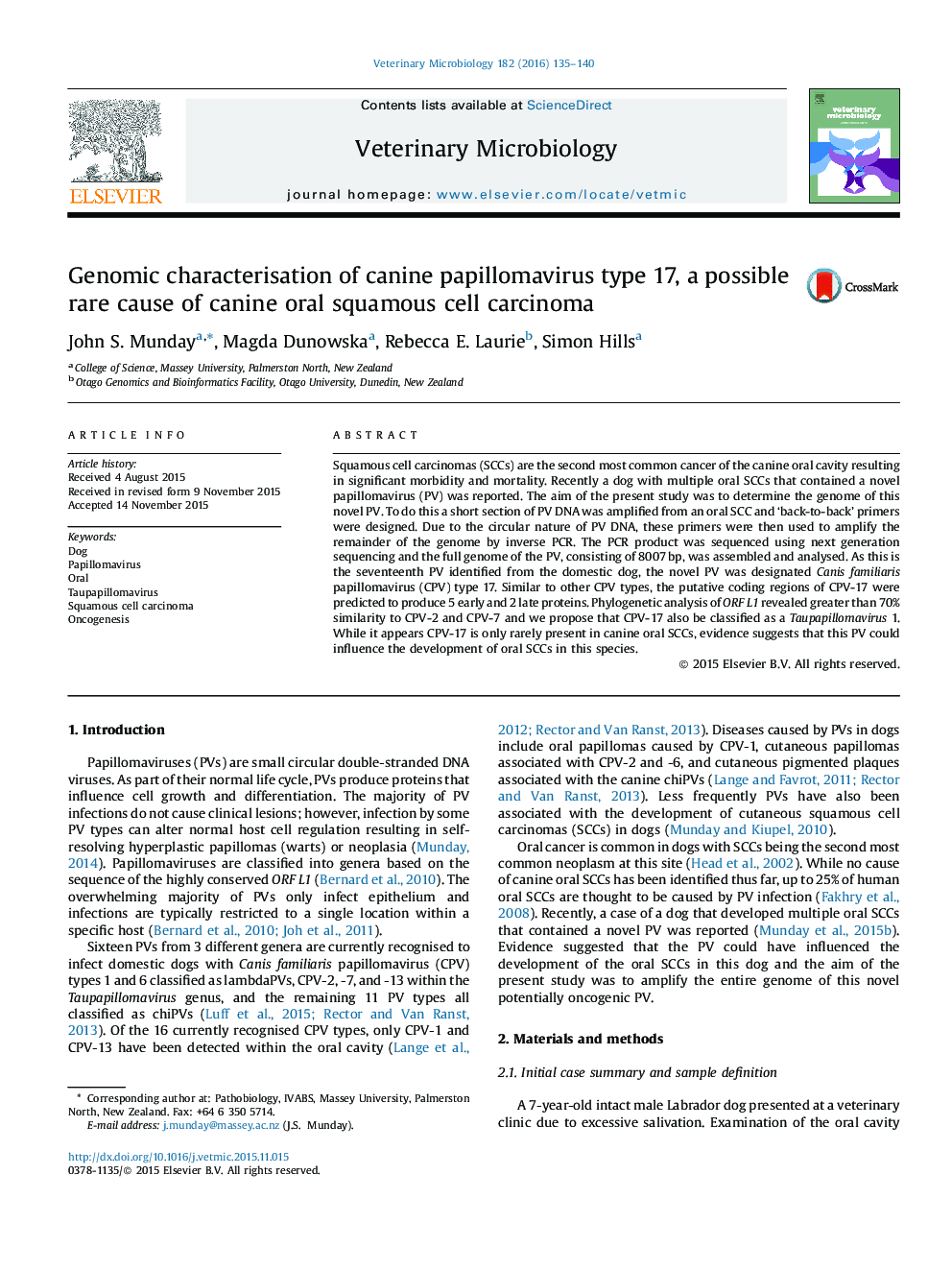 Genomic characterisation of canine papillomavirus type 17, a possible rare cause of canine oral squamous cell carcinoma