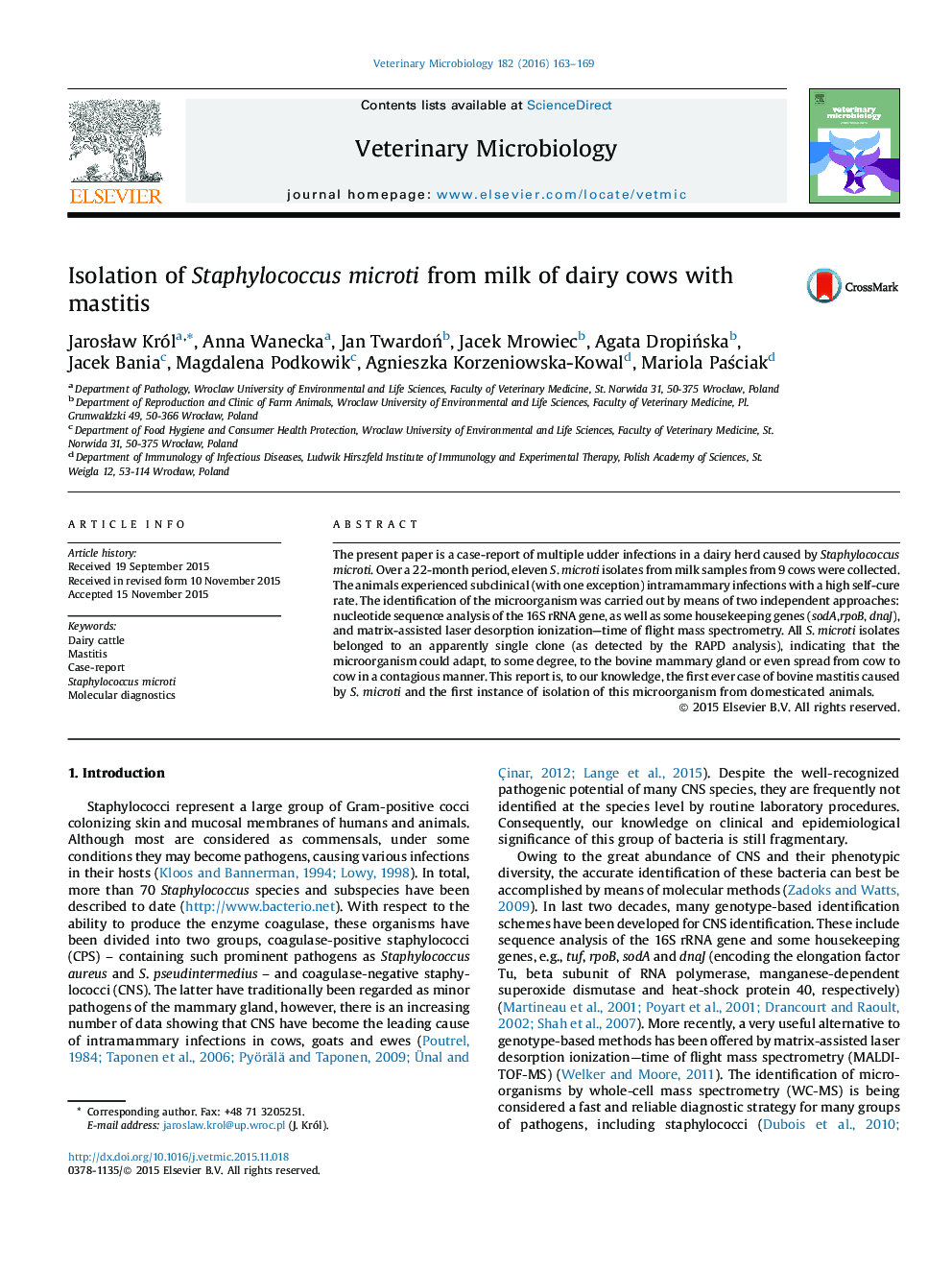 Isolation of Staphylococcus microti from milk of dairy cows with mastitis