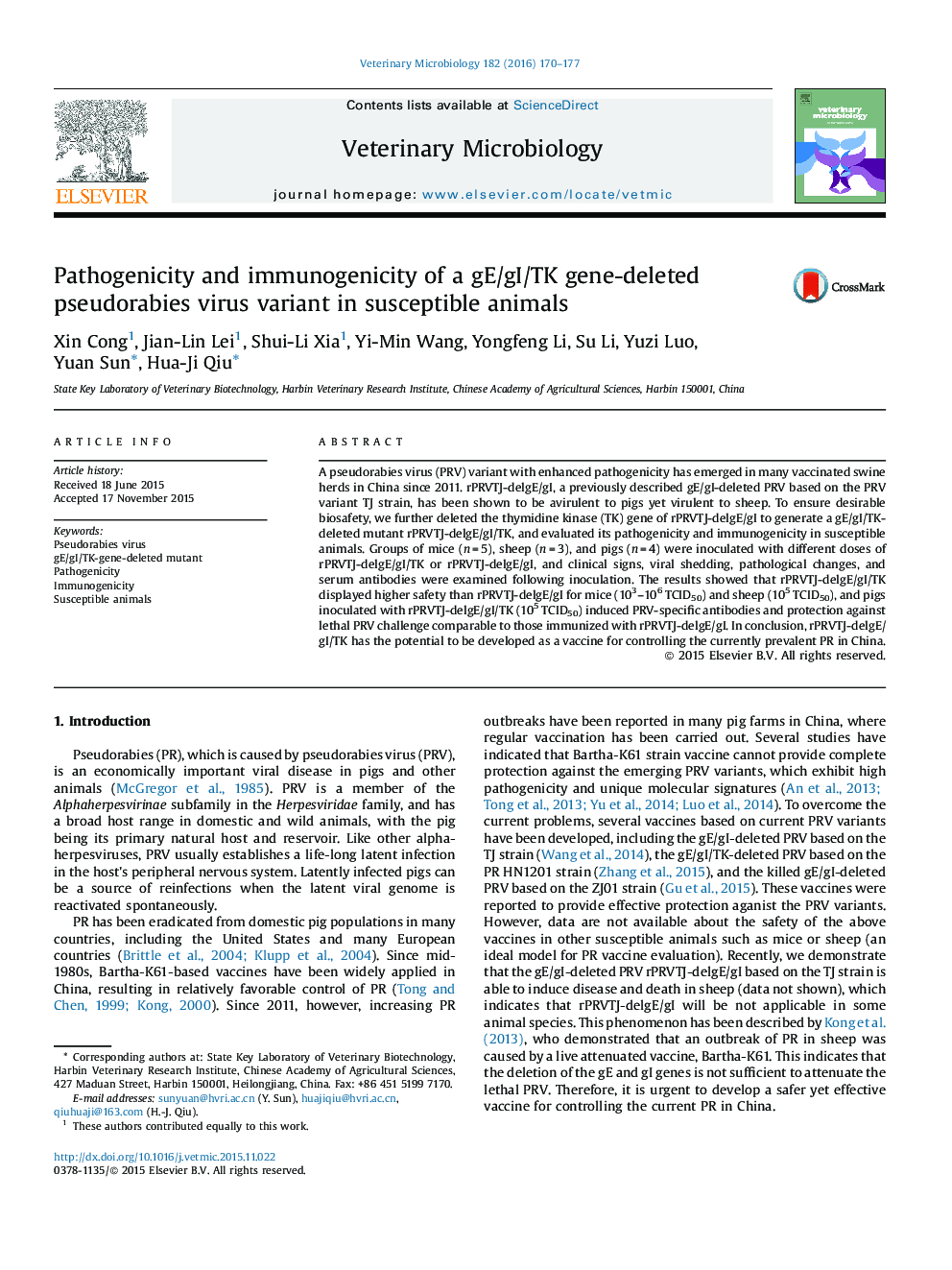 Pathogenicity and immunogenicity of a gE/gI/TK gene-deleted pseudorabies virus variant in susceptible animals