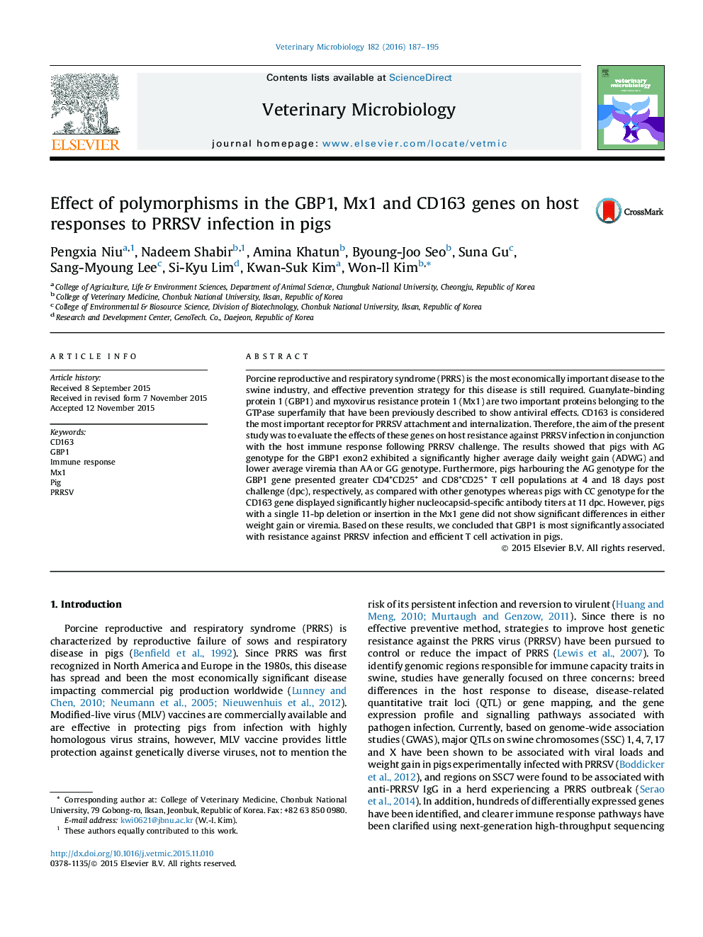 Effect of polymorphisms in the GBP1, Mx1 and CD163 genes on host responses to PRRSV infection in pigs
