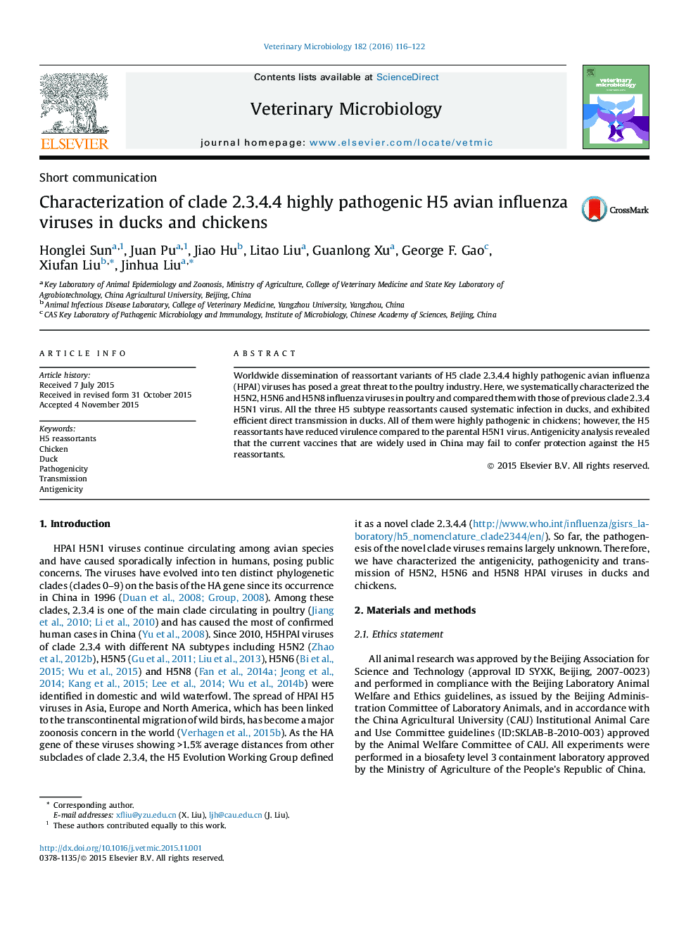 عکس صفحه اول مقاله: Characterization of clade 2.3.4.4 highly pathogenic H5 avian influenza viruses in ducks and chickens Characterization of clade 2.3.4.4 highly pathogenic H5 avian influenza viruses in ducks and chickens