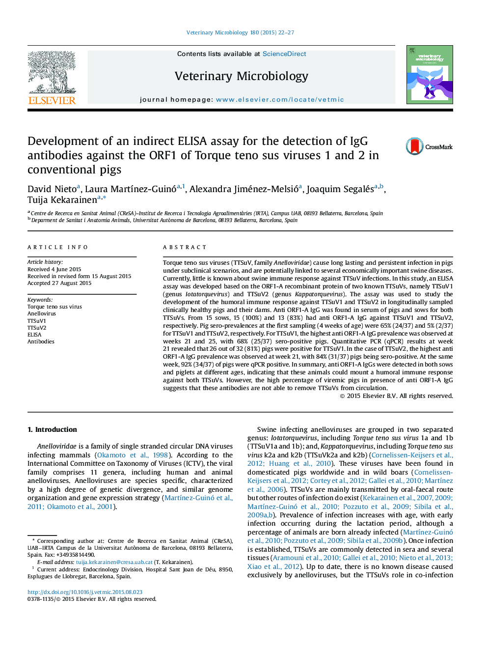 Development of an indirect ELISA assay for the detection of IgG antibodies against the ORF1 of Torque teno sus viruses 1 and 2 in conventional pigs