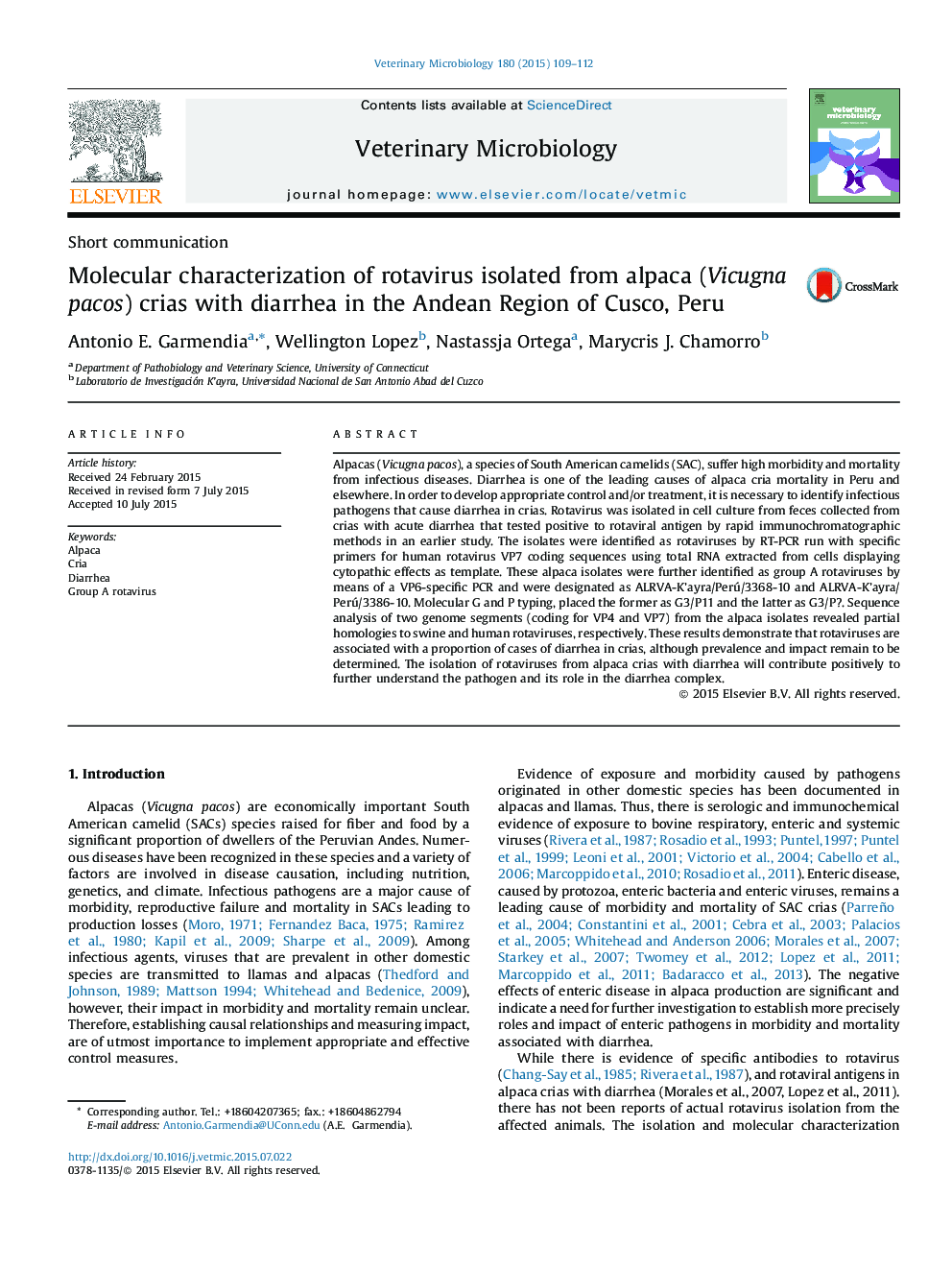 Molecular characterization of rotavirus isolated from alpaca (Vicugna pacos) crias with diarrhea in the Andean Region of Cusco, Peru