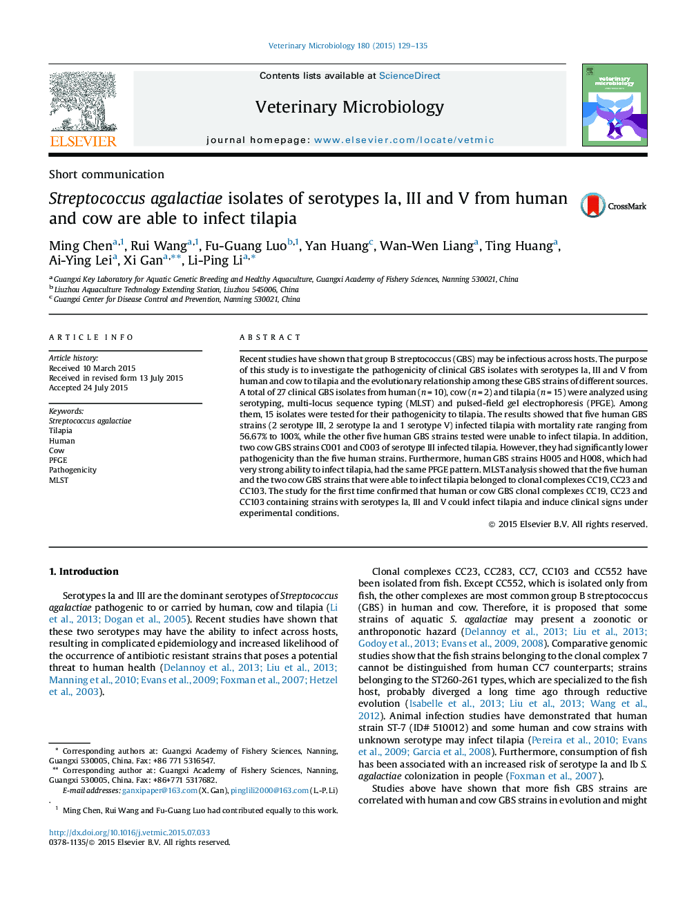 Streptococcus agalactiae isolates of serotypes Ia, III and V from human and cow are able to infect tilapia