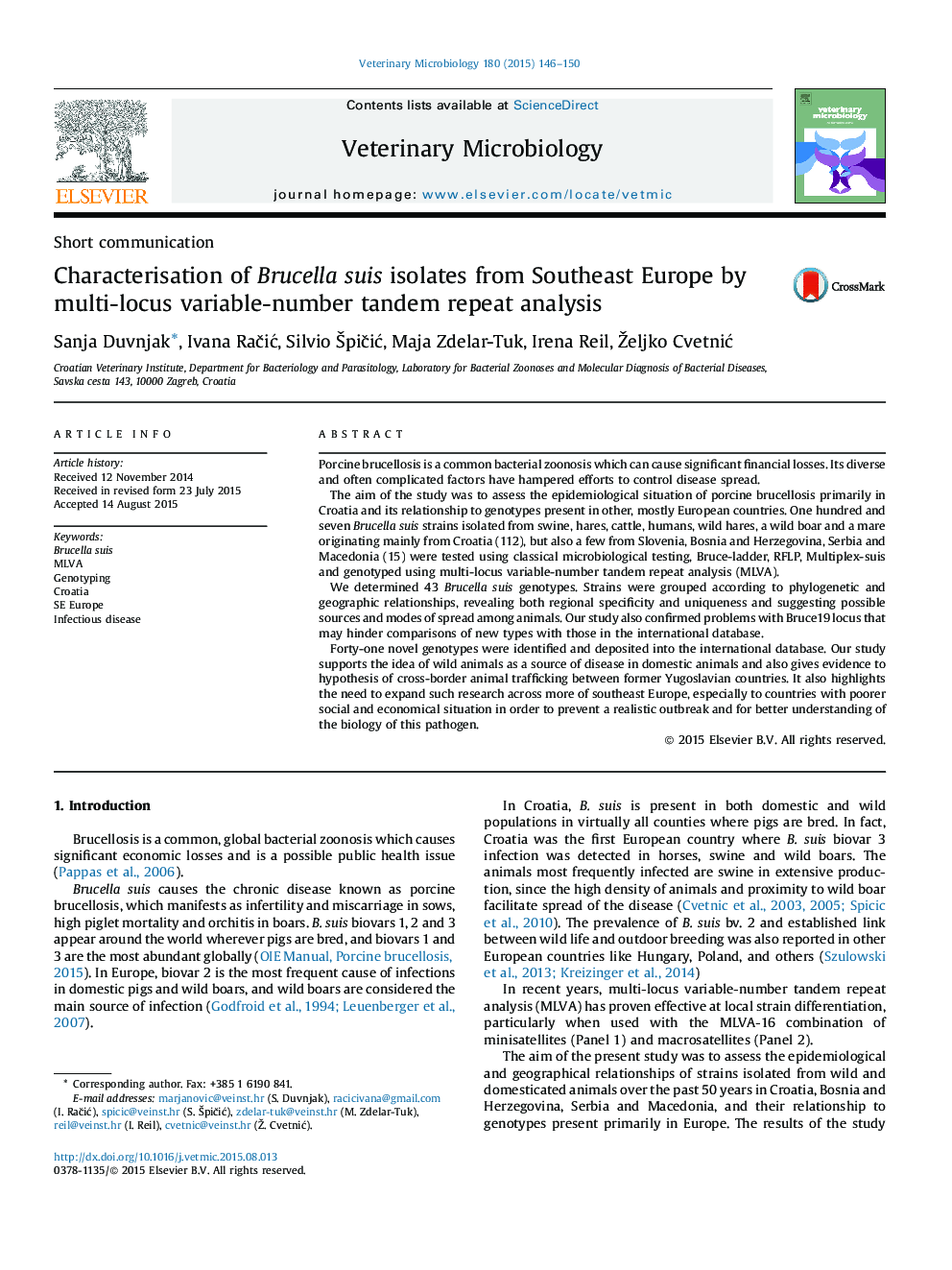 Characterisation of Brucella suis isolates from Southeast Europe by multi-locus variable-number tandem repeat analysis