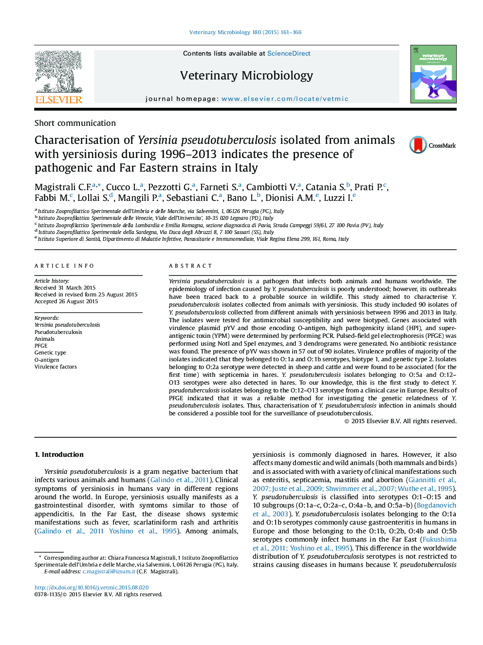 Characterisation of Yersinia pseudotuberculosis isolated from animals with yersiniosis during 1996–2013 indicates the presence of pathogenic and Far Eastern strains in Italy