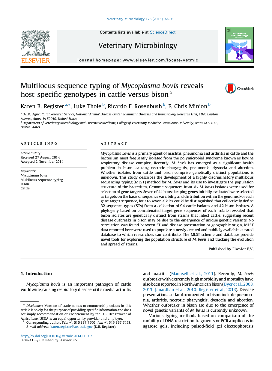 Multilocus sequence typing of Mycoplasma bovis reveals host-specific genotypes in cattle versus bison 