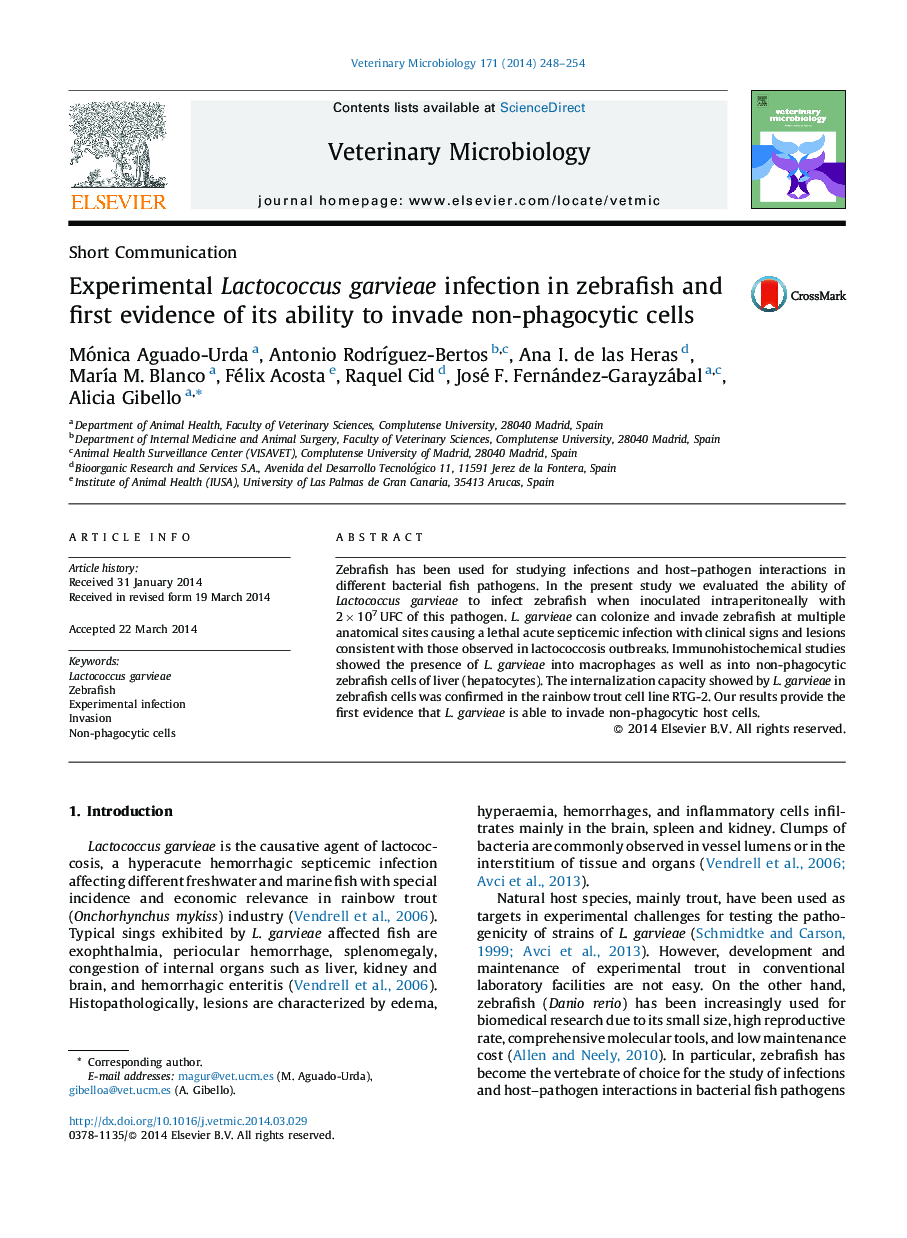 Experimental Lactococcus garvieae infection in zebrafish and first evidence of its ability to invade non-phagocytic cells