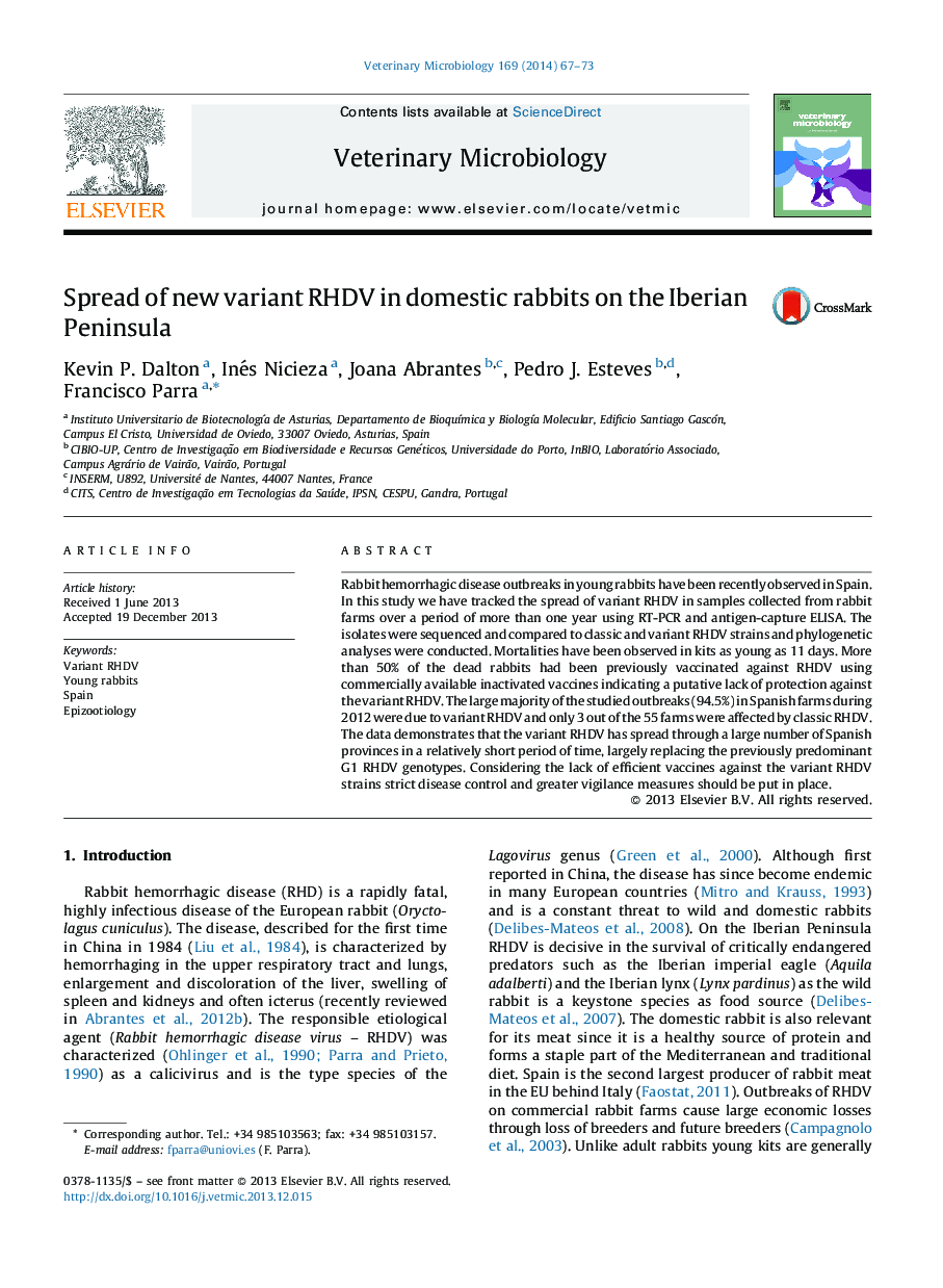 Spread of new variant RHDV in domestic rabbits on the Iberian Peninsula