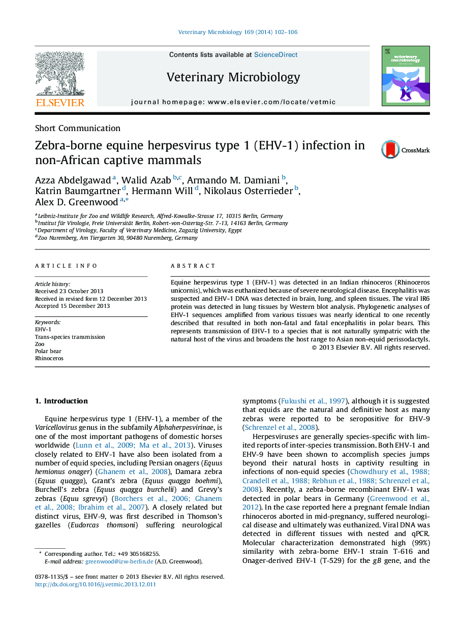 Zebra-borne equine herpesvirus type 1 (EHV-1) infection in non-African captive mammals