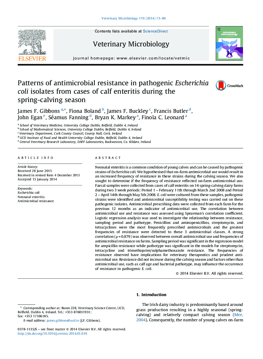 Patterns of antimicrobial resistance in pathogenic Escherichia coli isolates from cases of calf enteritis during the spring-calving season