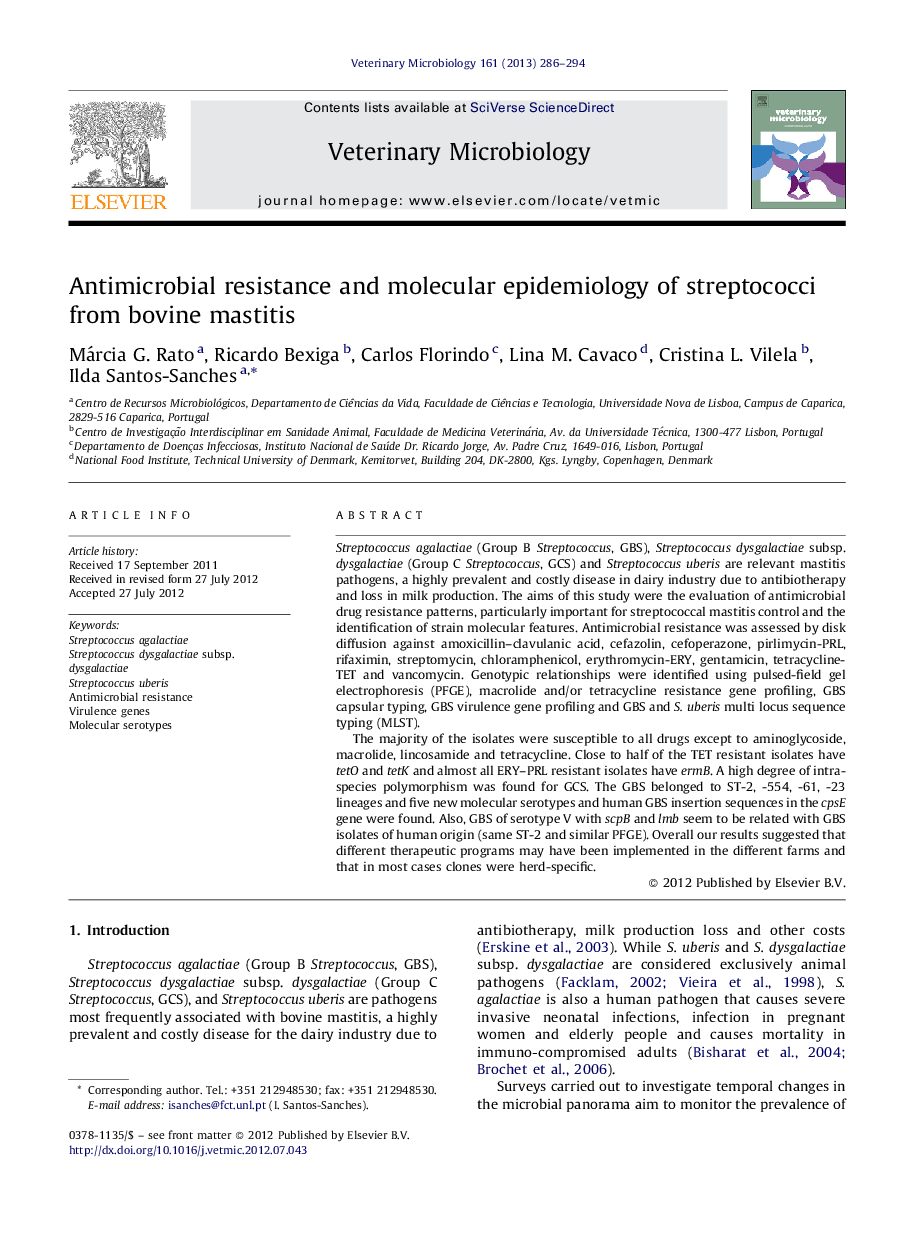 Antimicrobial resistance and molecular epidemiology of streptococci from bovine mastitis