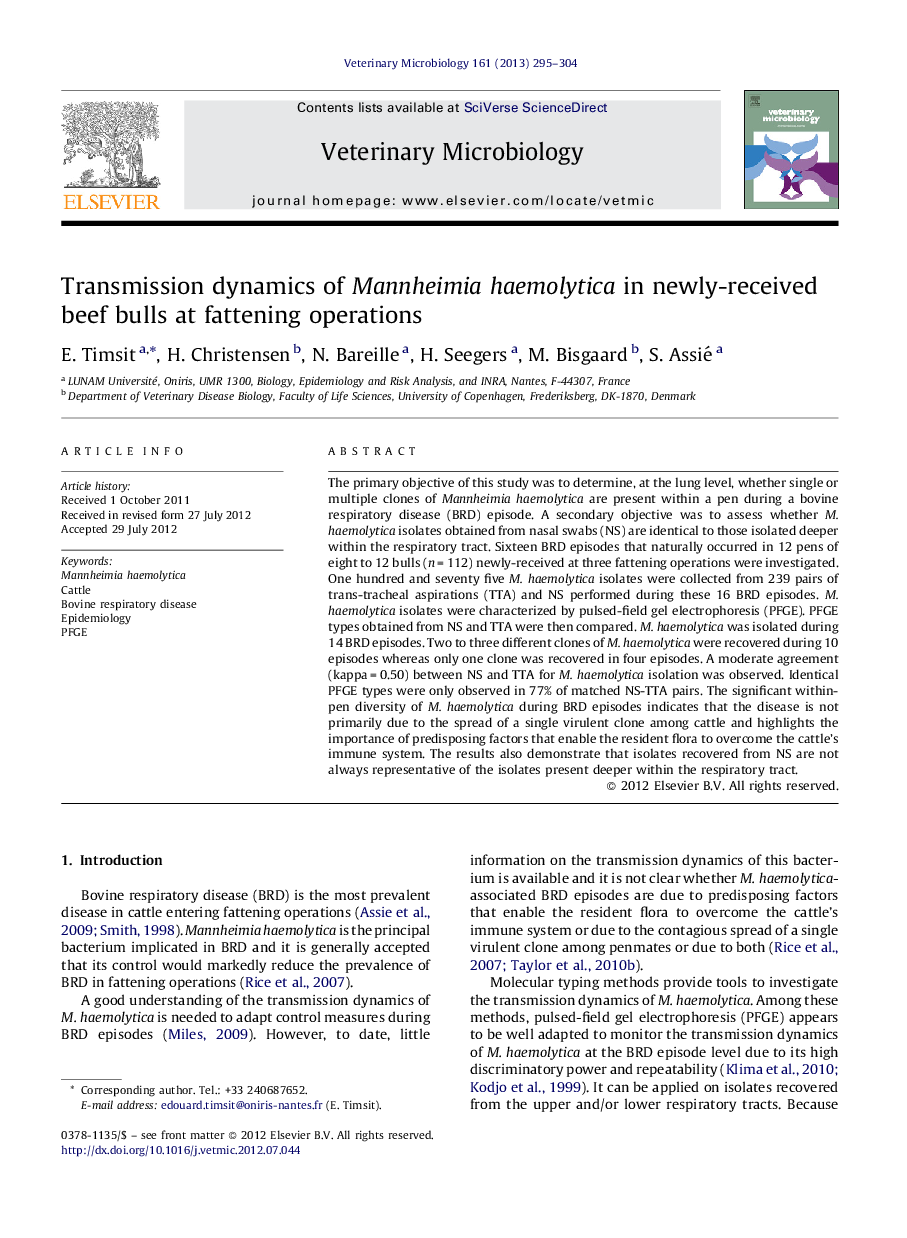 Transmission dynamics of Mannheimia haemolytica in newly-received beef bulls at fattening operations