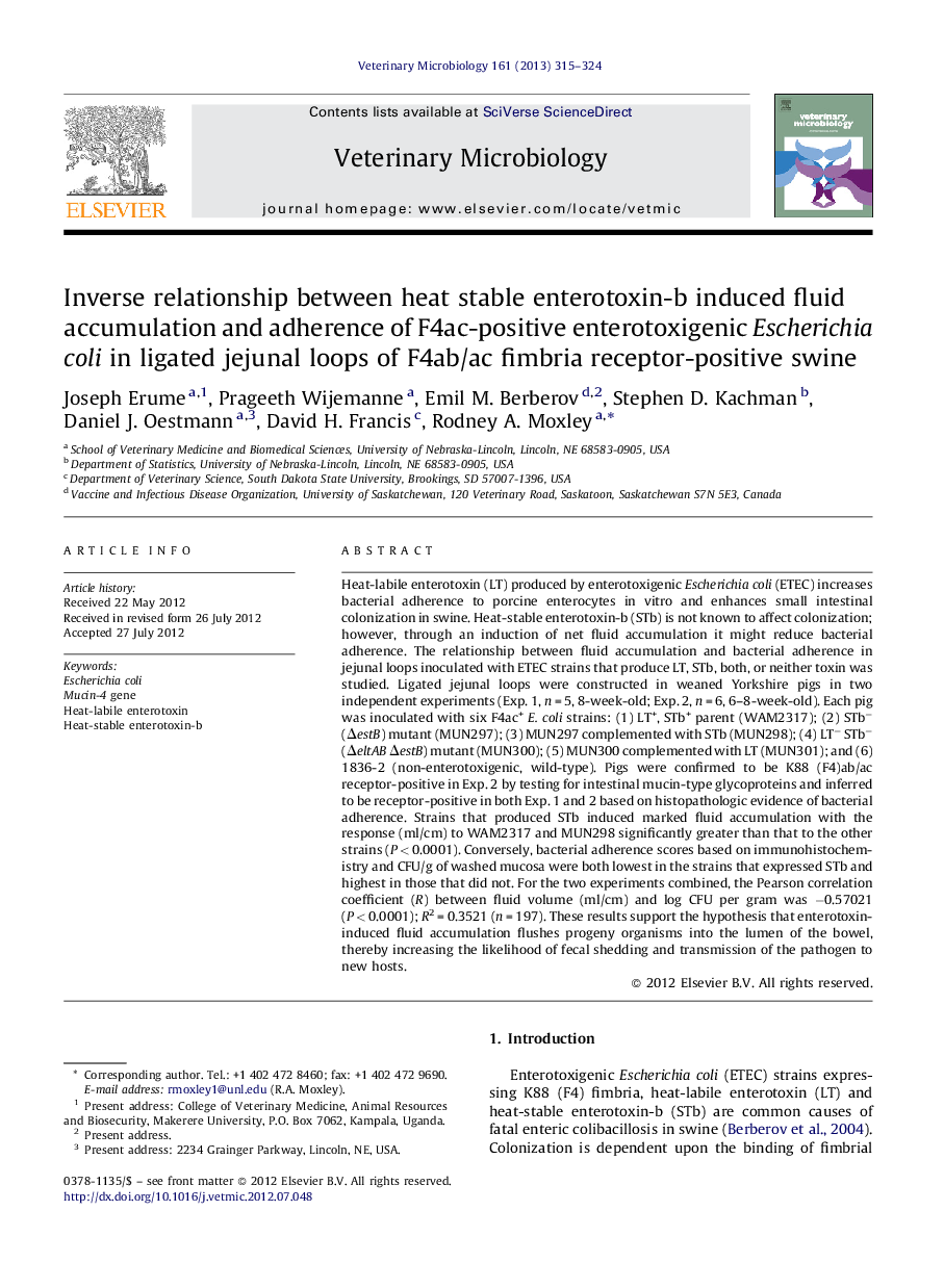 عکس صفحه اول مقاله: Inverse relationship between heat stable enterotoxin-b induced fluid accumulation and adherence of F4ac-positive enterotoxigenic Escherichia coli in ligated jejunal loops of F4ab/ac fimbria receptor-positive swine Inverse relationship between heat stable enterotoxin-b induced fluid accumulation and adherence of F4ac-positive enterotoxigenic Escherichia coli in ligated jejunal loops of F4ab/ac fimbria receptor-positive swine