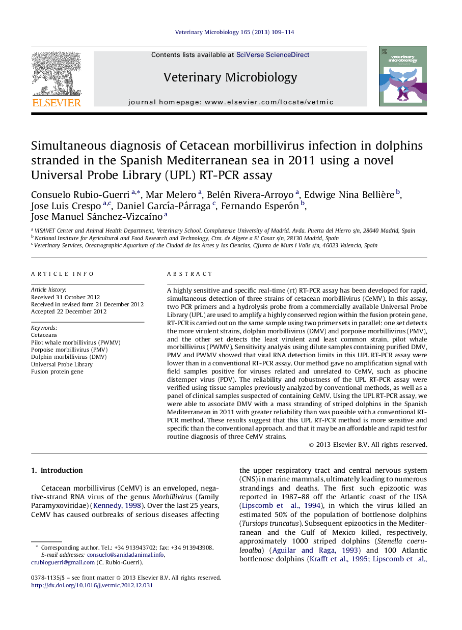 Simultaneous diagnosis of Cetacean morbillivirus infection in dolphins stranded in the Spanish Mediterranean sea in 2011 using a novel Universal Probe Library (UPL) RT-PCR assay