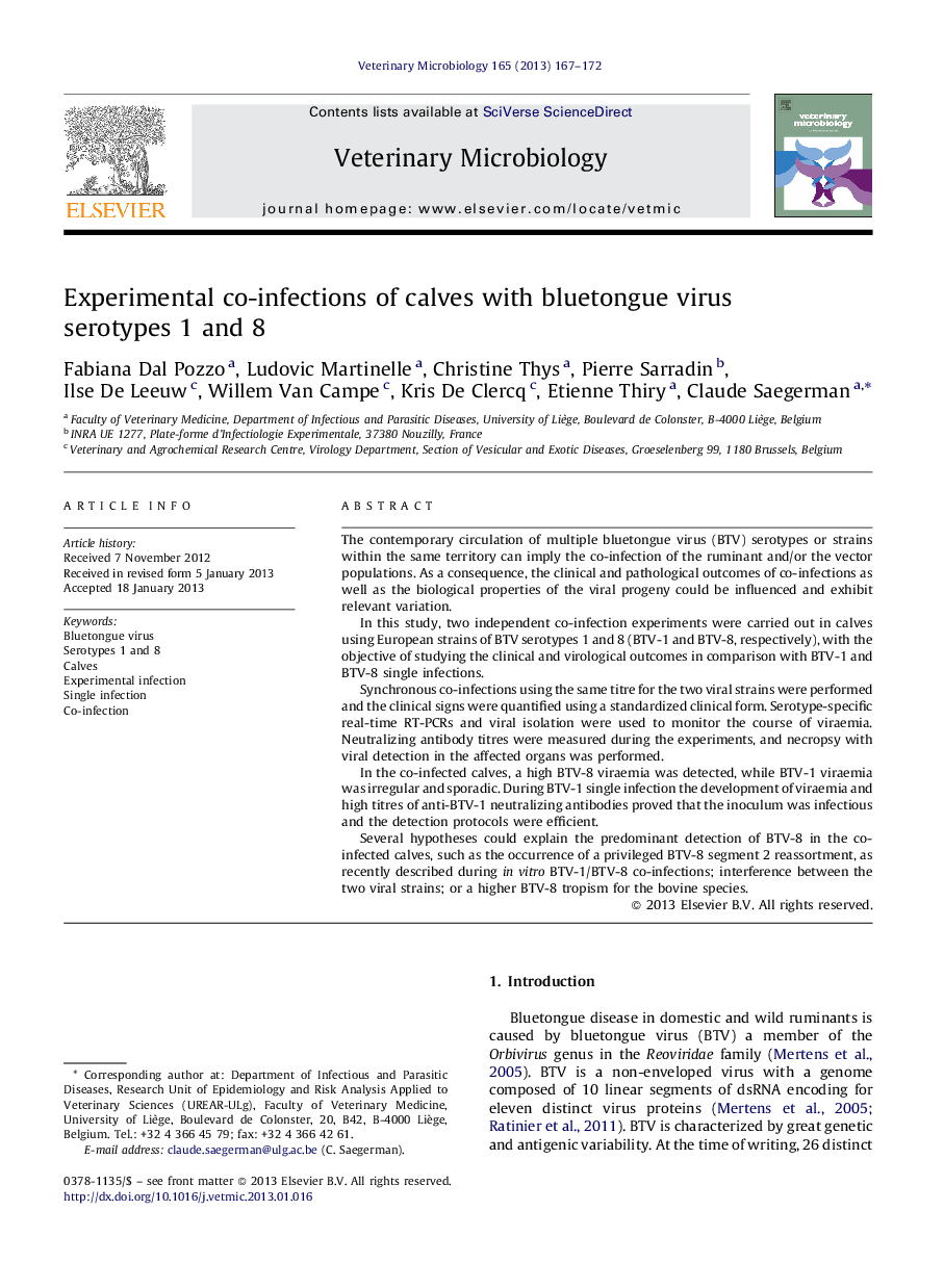 Experimental co-infections of calves with bluetongue virus serotypes 1 and 8