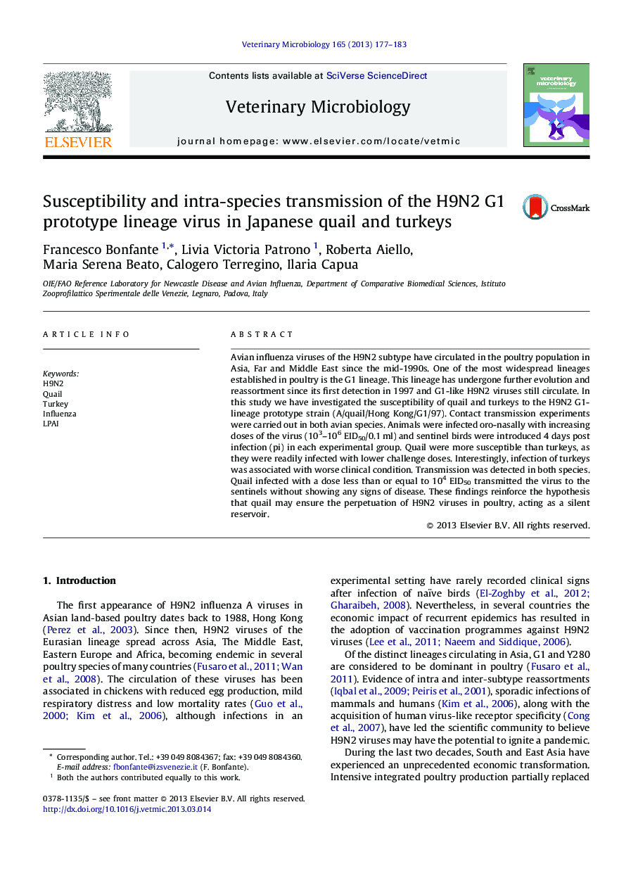 Susceptibility and intra-species transmission of the H9N2 G1 prototype lineage virus in Japanese quail and turkeys