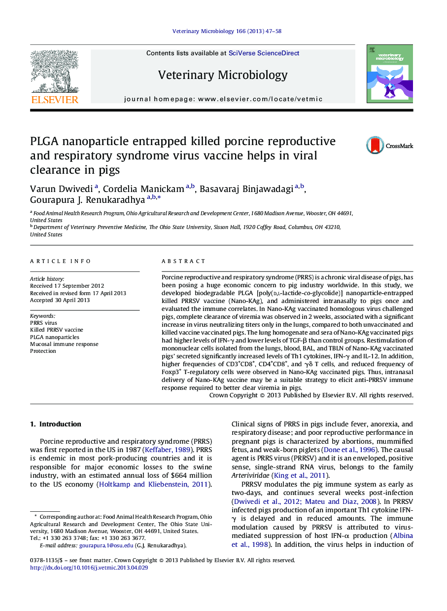 PLGA nanoparticle entrapped killed porcine reproductive and respiratory syndrome virus vaccine helps in viral clearance in pigs