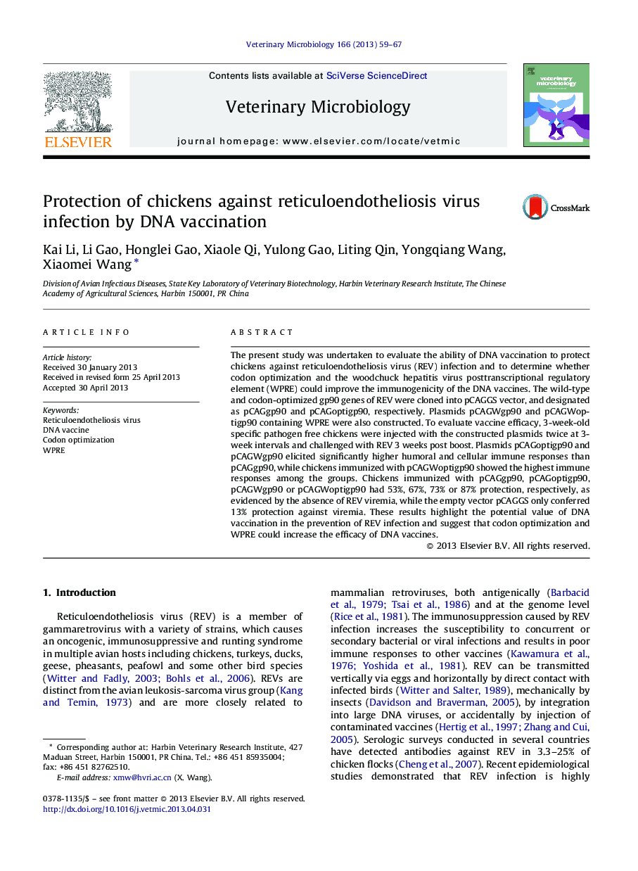 Protection of chickens against reticuloendotheliosis virus infection by DNA vaccination