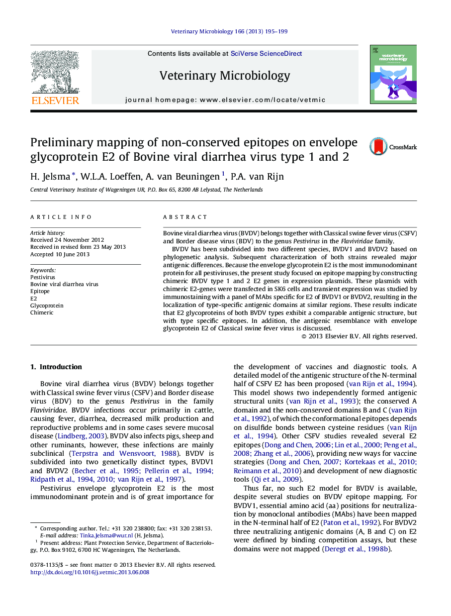 Preliminary mapping of non-conserved epitopes on envelope glycoprotein E2 of Bovine viral diarrhea virus type 1 and 2