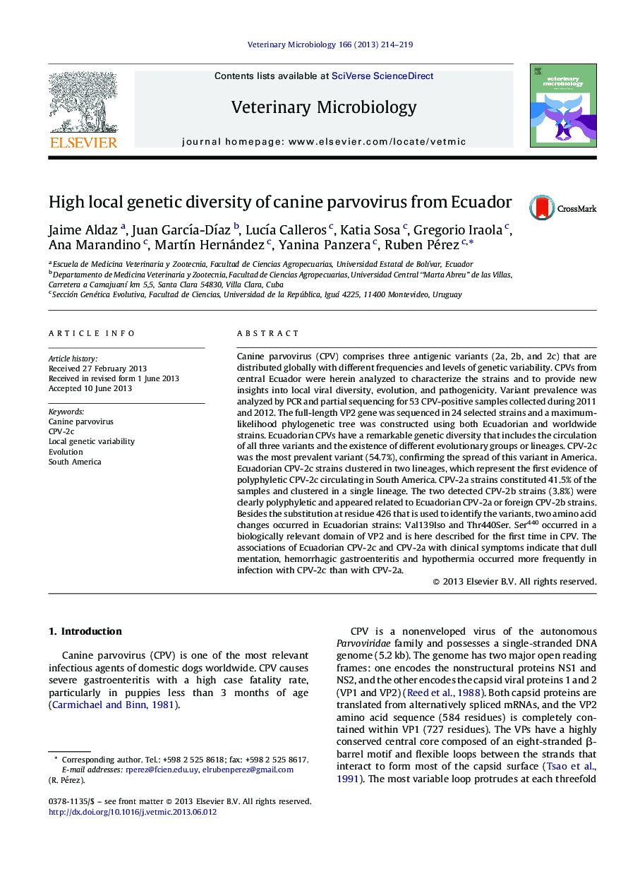 High local genetic diversity of canine parvovirus from Ecuador