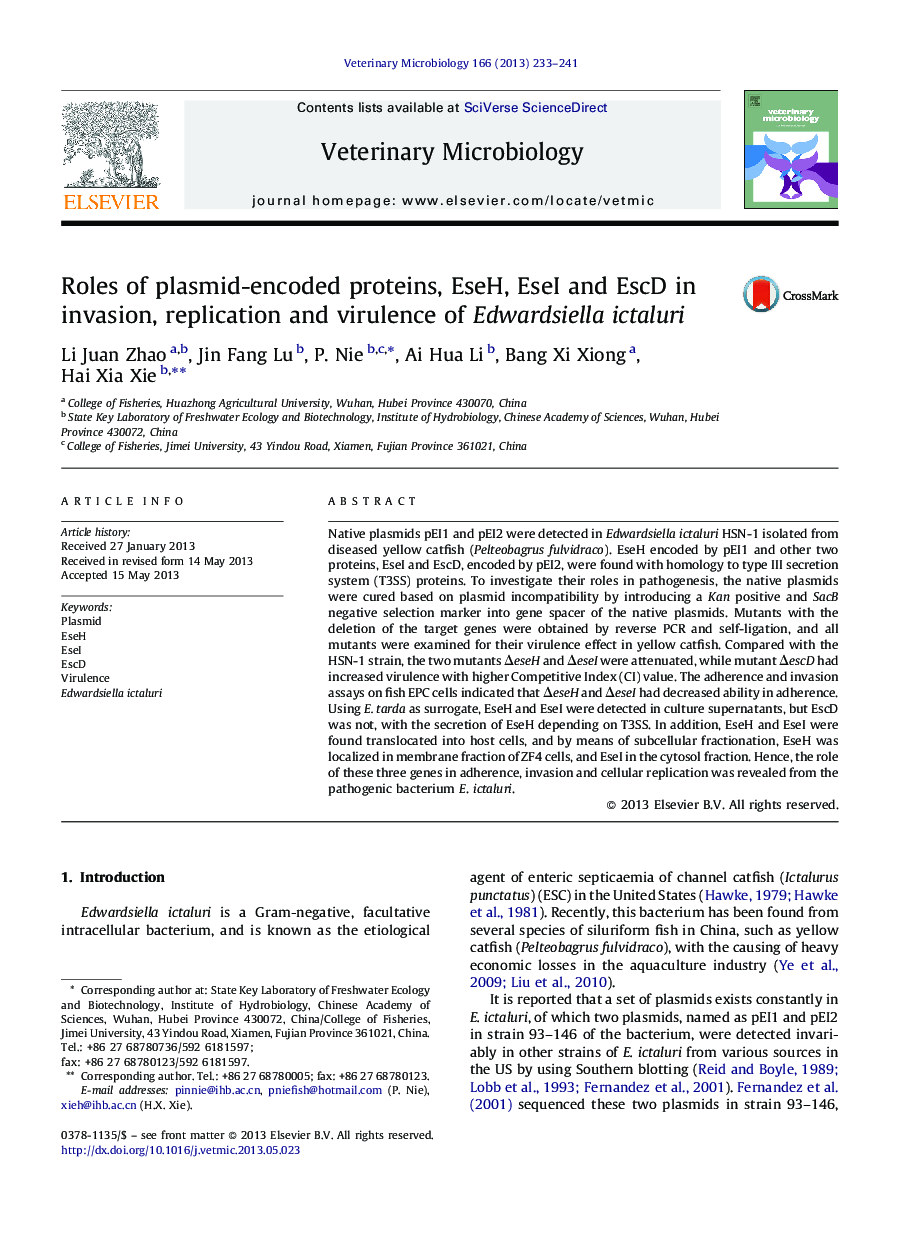 Roles of plasmid-encoded proteins, EseH, EseI and EscD in invasion, replication and virulence of Edwardsiella ictaluri