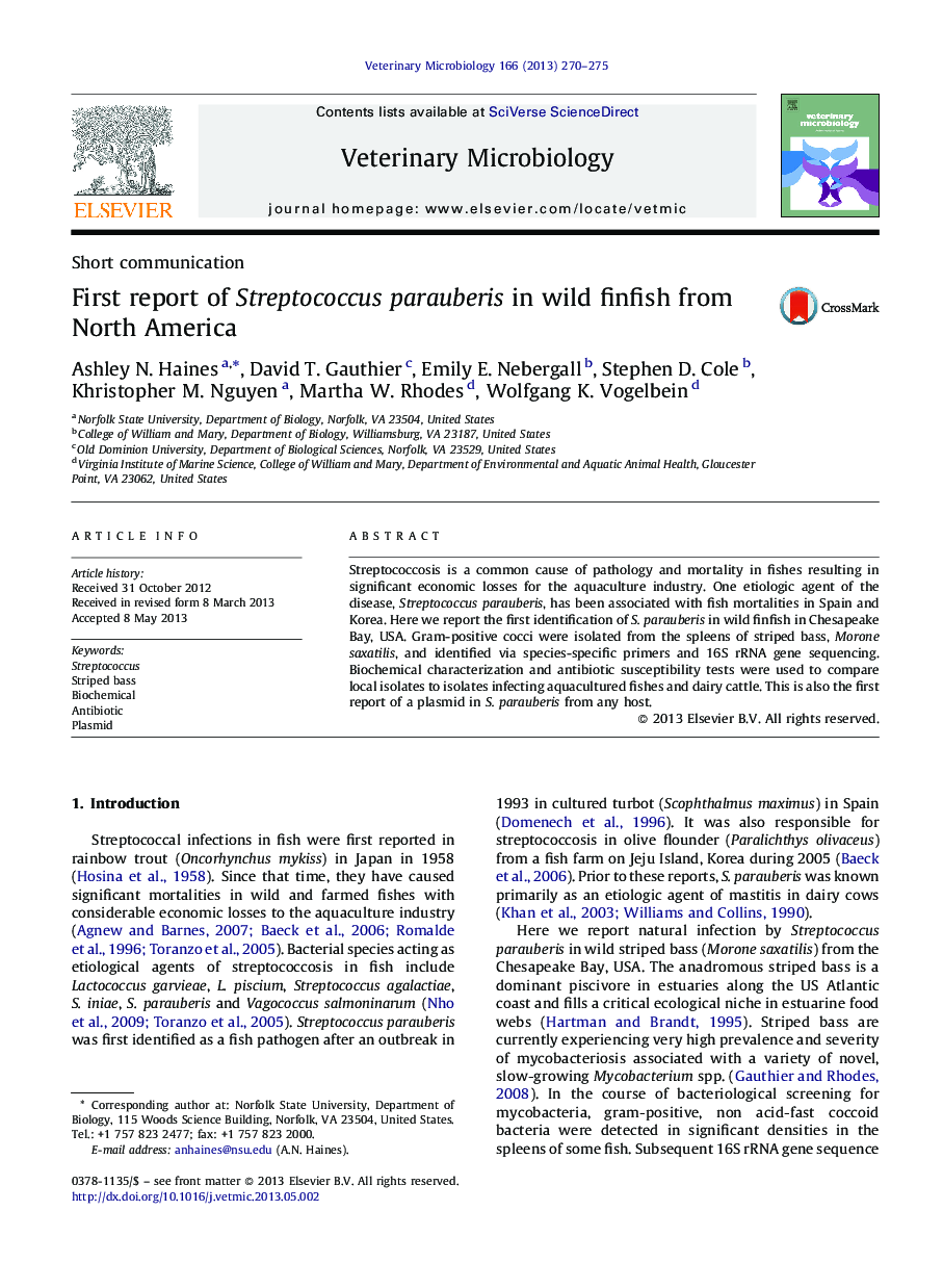 First report of Streptococcus parauberis in wild finfish from North America